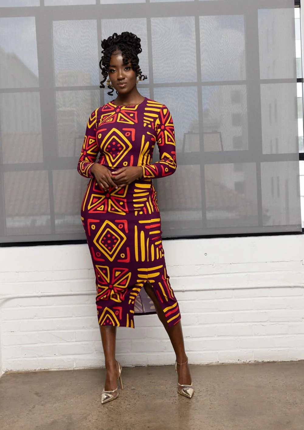 Chidima Women's African Print Stretch Midi Dress (Plum Gold Tribal) - Image 4
