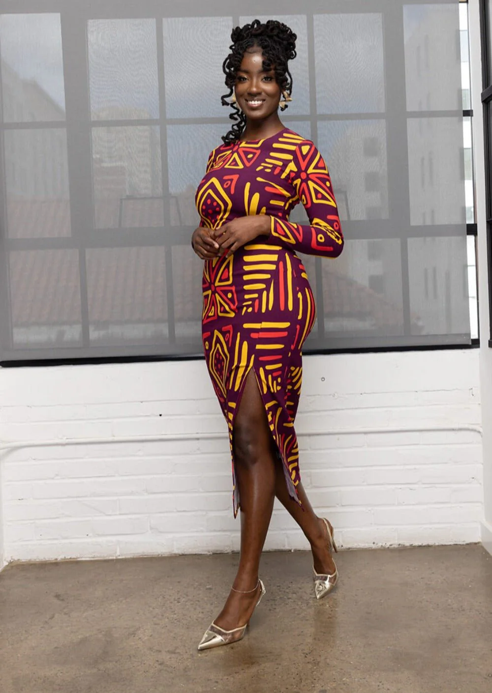 Chidima Women's African Print Stretch Midi Dress (Plum Gold Tribal) - Image 5