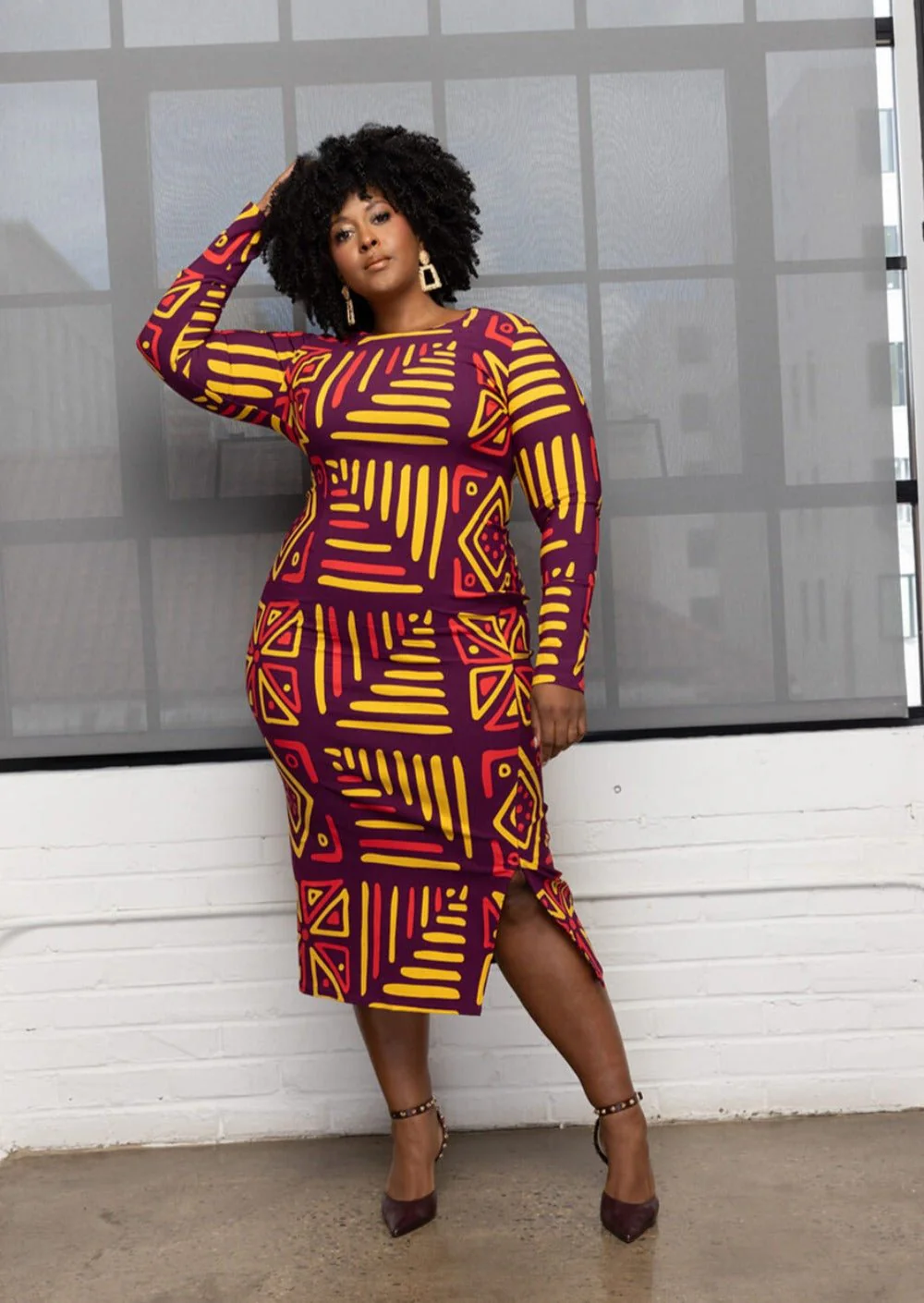 Chidima Women's African Print Stretch Midi Dress (Plum Gold Tribal) - Image 6