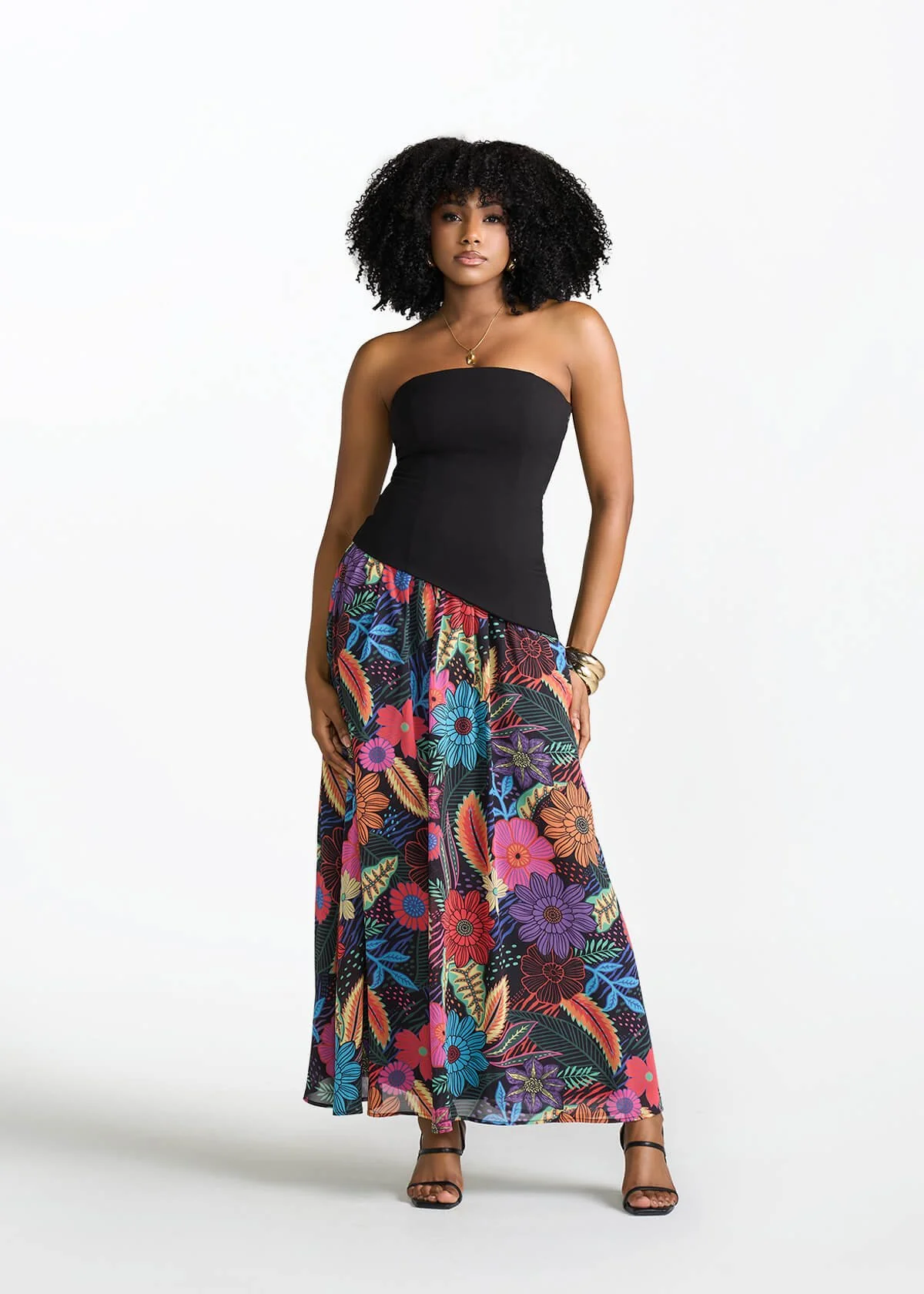 Damilola Women's African Print Strapless Dress (Black Tropical Floral)