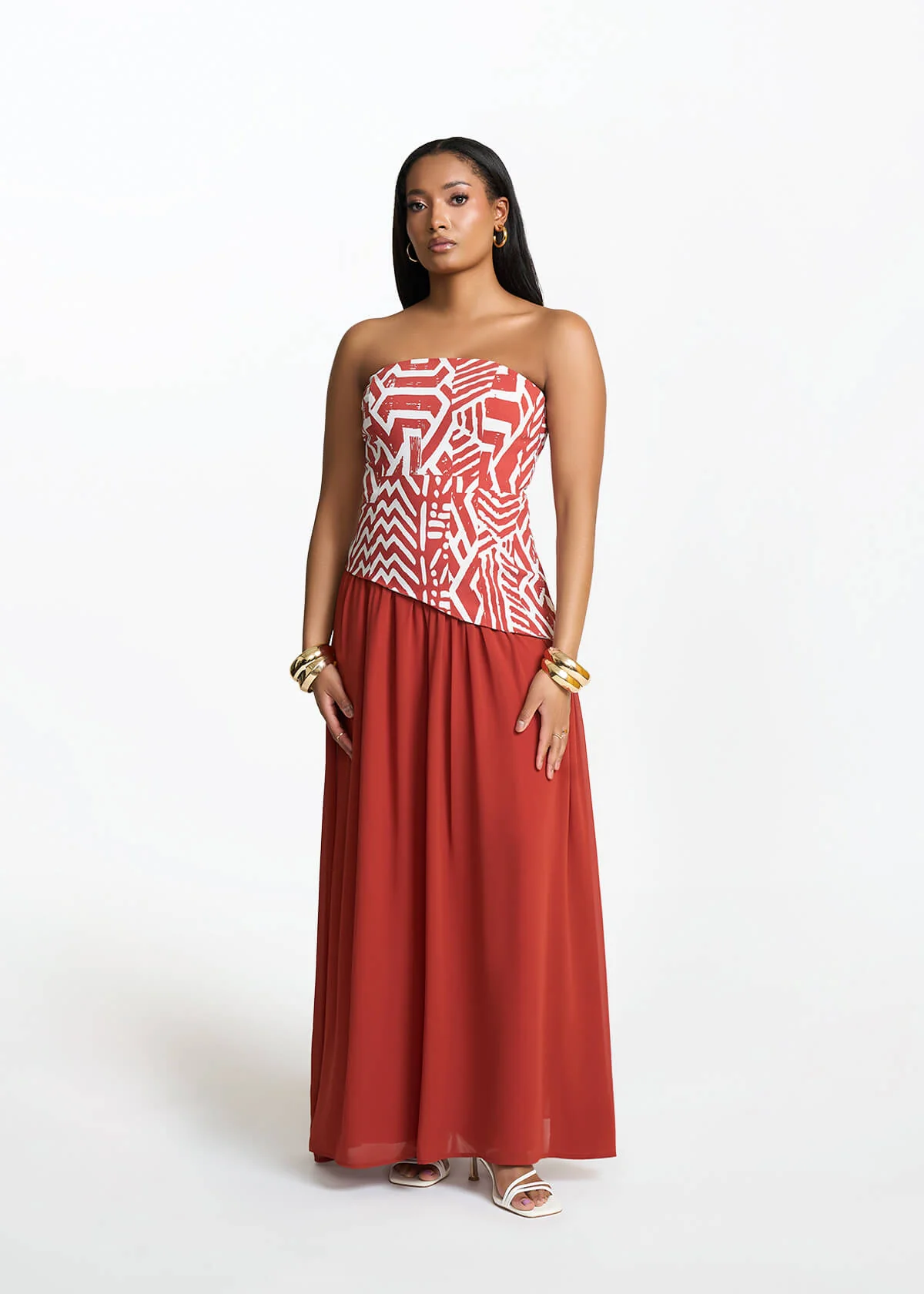 Damilola Women's African Print Strapless Dress (Brick Multipattern) - Image 3