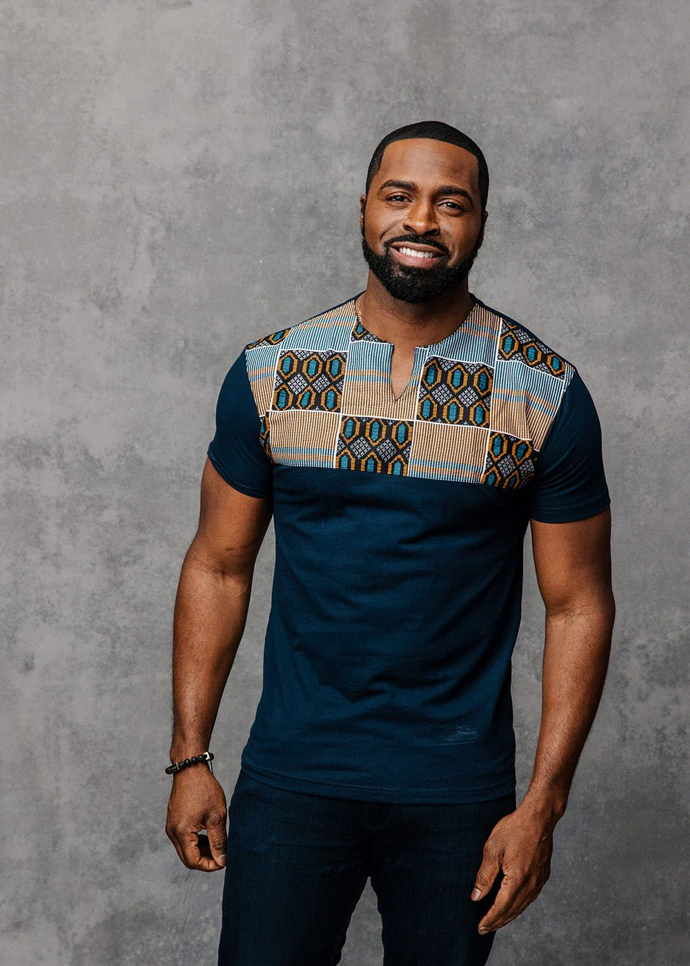 Dayo Men's African Print T-Shirt (Blue/Tan/Navy) - Image 4