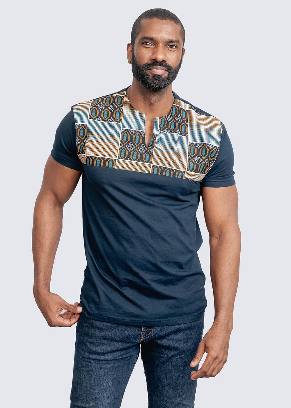 Dayo Men's African Print T-Shirt (Blue/Tan/Navy) - Image 7