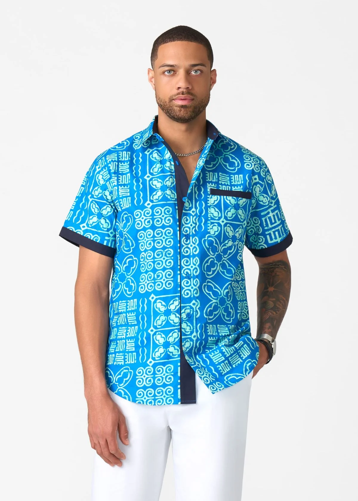 Deion Men's African Print Button-Up Shirt (Cool Blue Adire)