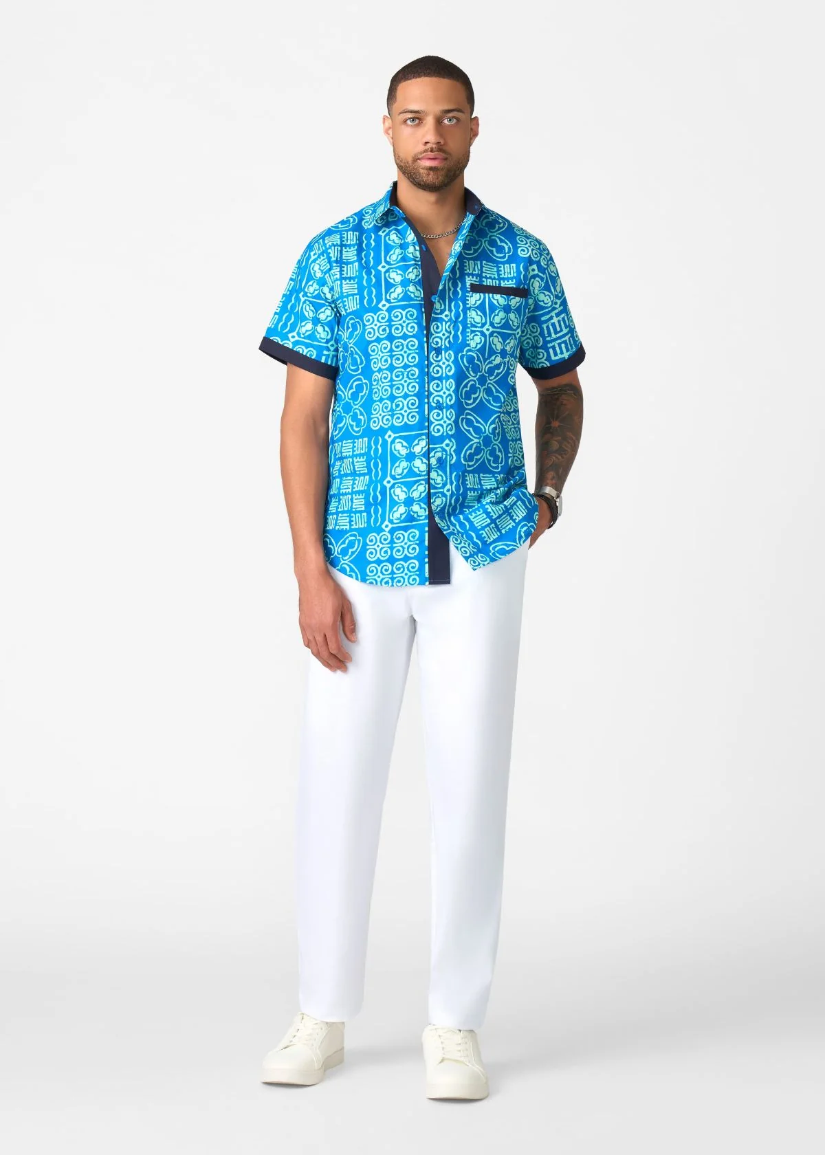 Deion Men's African Print Button-Up Shirt (Cool Blue Adire) - Image 2