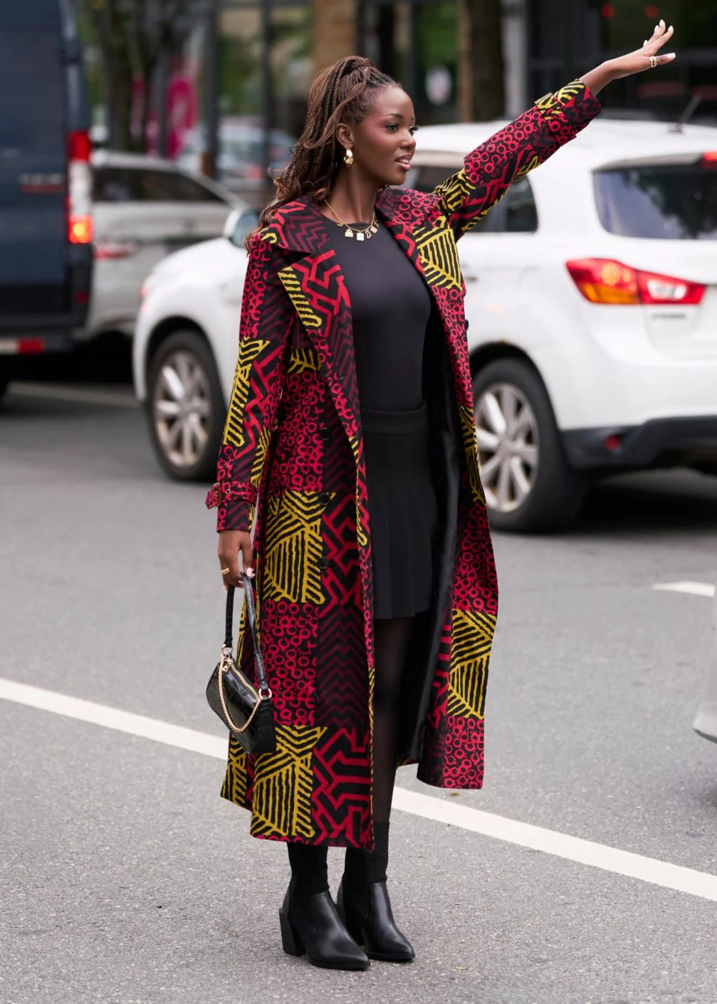 Ebony Women's African Print Utility Trench Coat (Black Cherry Multipattern)