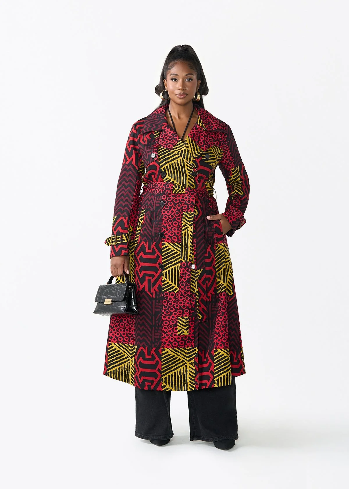 Ebony Women's African Print Utility Trench Coat (Black Cherry Multipattern) - Image 2