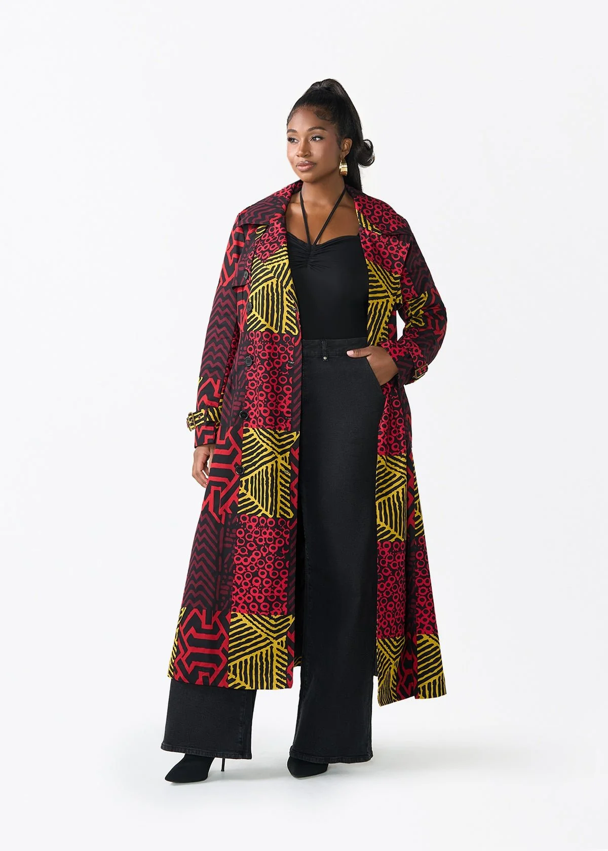 Ebony Women's African Print Utility Trench Coat (Black Cherry Multipattern) - Image 3