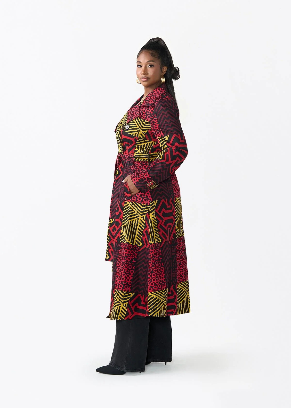 Ebony Women's African Print Utility Trench Coat (Black Cherry Multipattern) - Image 5