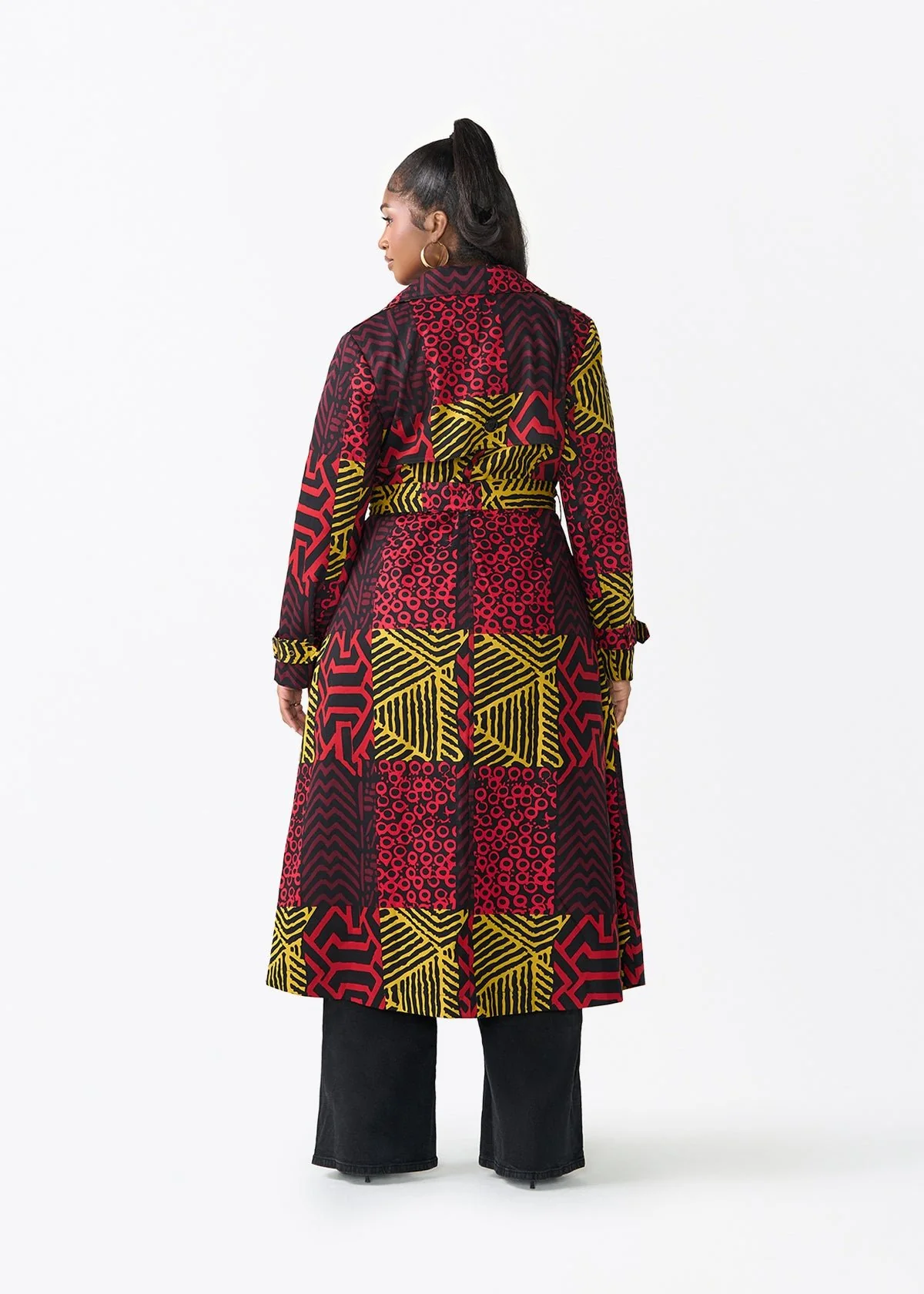 Ebony Women's African Print Utility Trench Coat (Black Cherry Multipattern) - Image 6