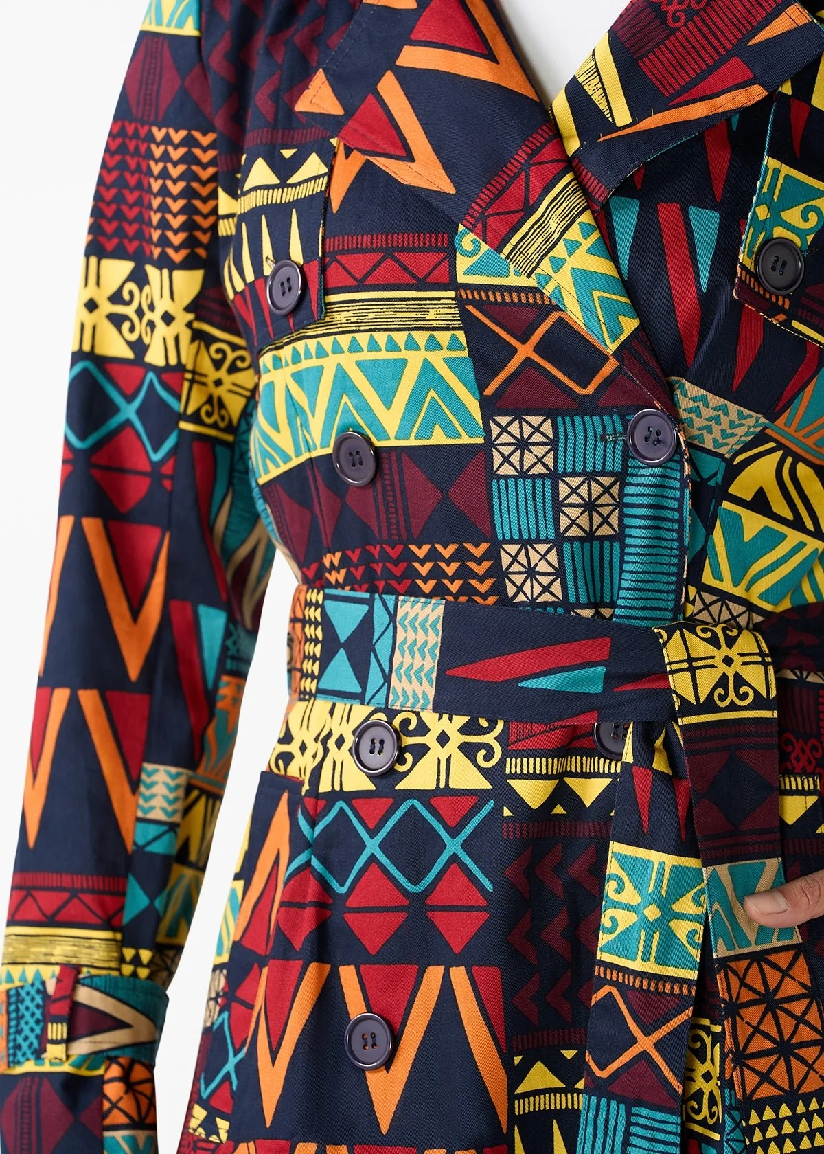 Ebony Women's African Print Utility Trench Coat (Navy Multicolor Kente) - Image 2