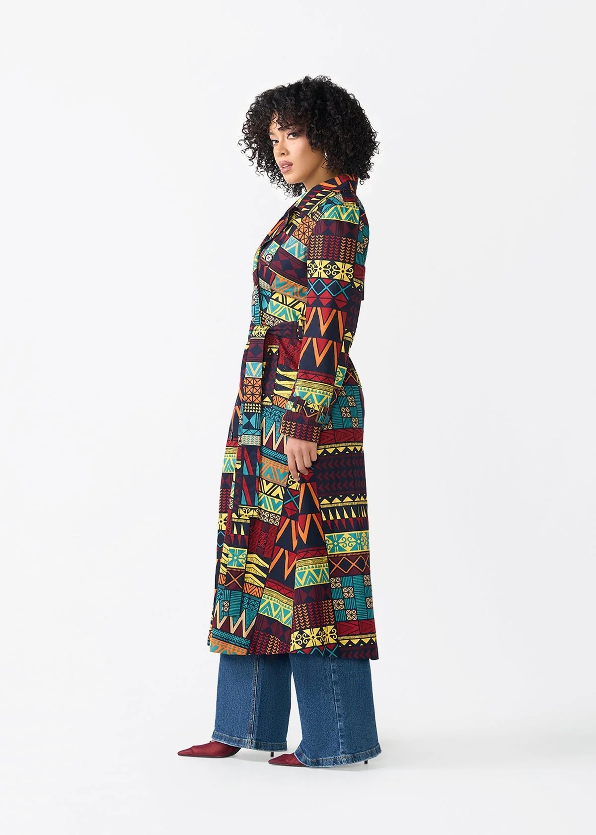 Ebony Women's African Print Utility Trench Coat (Navy Multicolor Kente) - Image 3