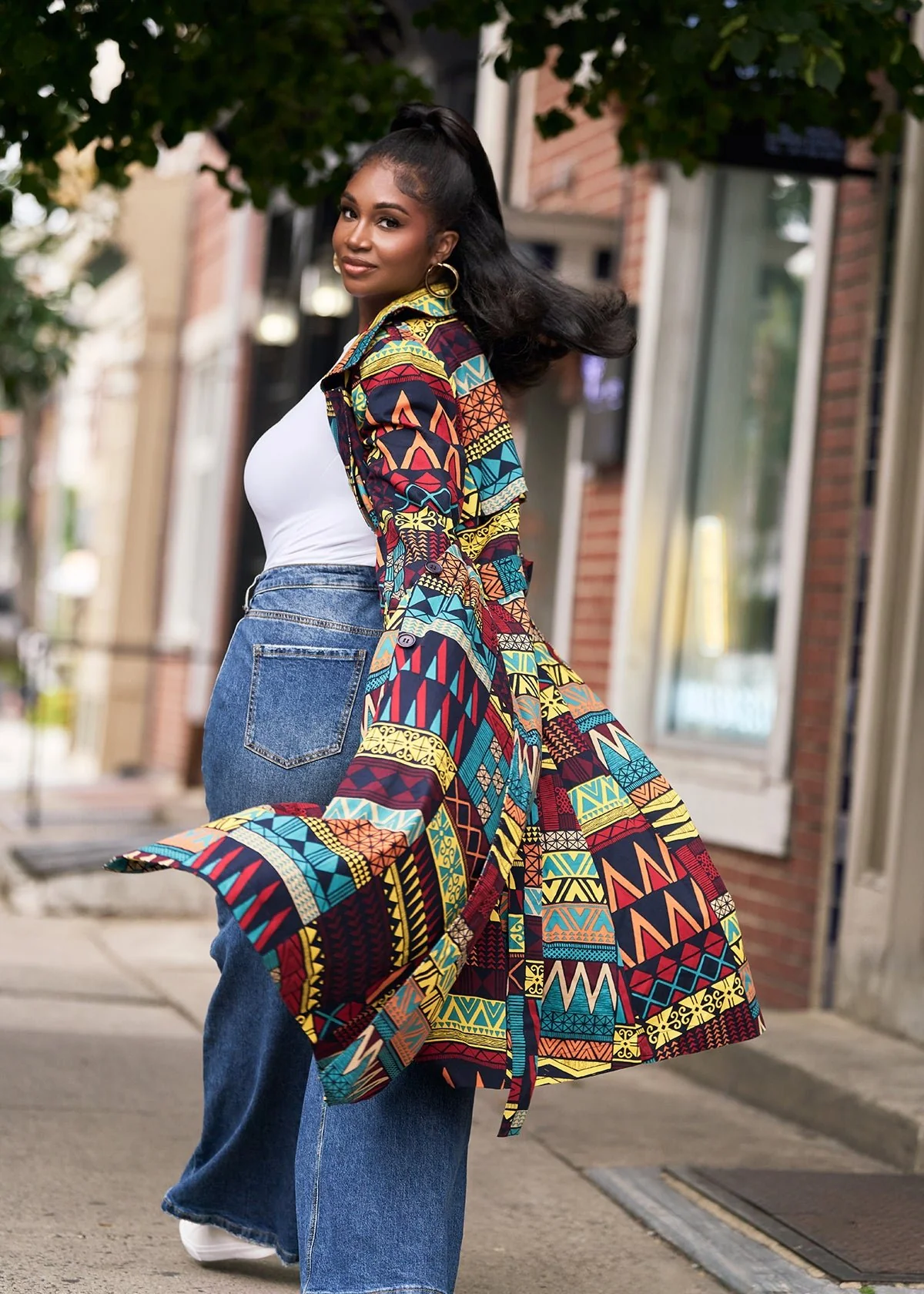 Ebony Women's African Print Utility Trench Coat (Navy Multicolor Kente) - Image 4