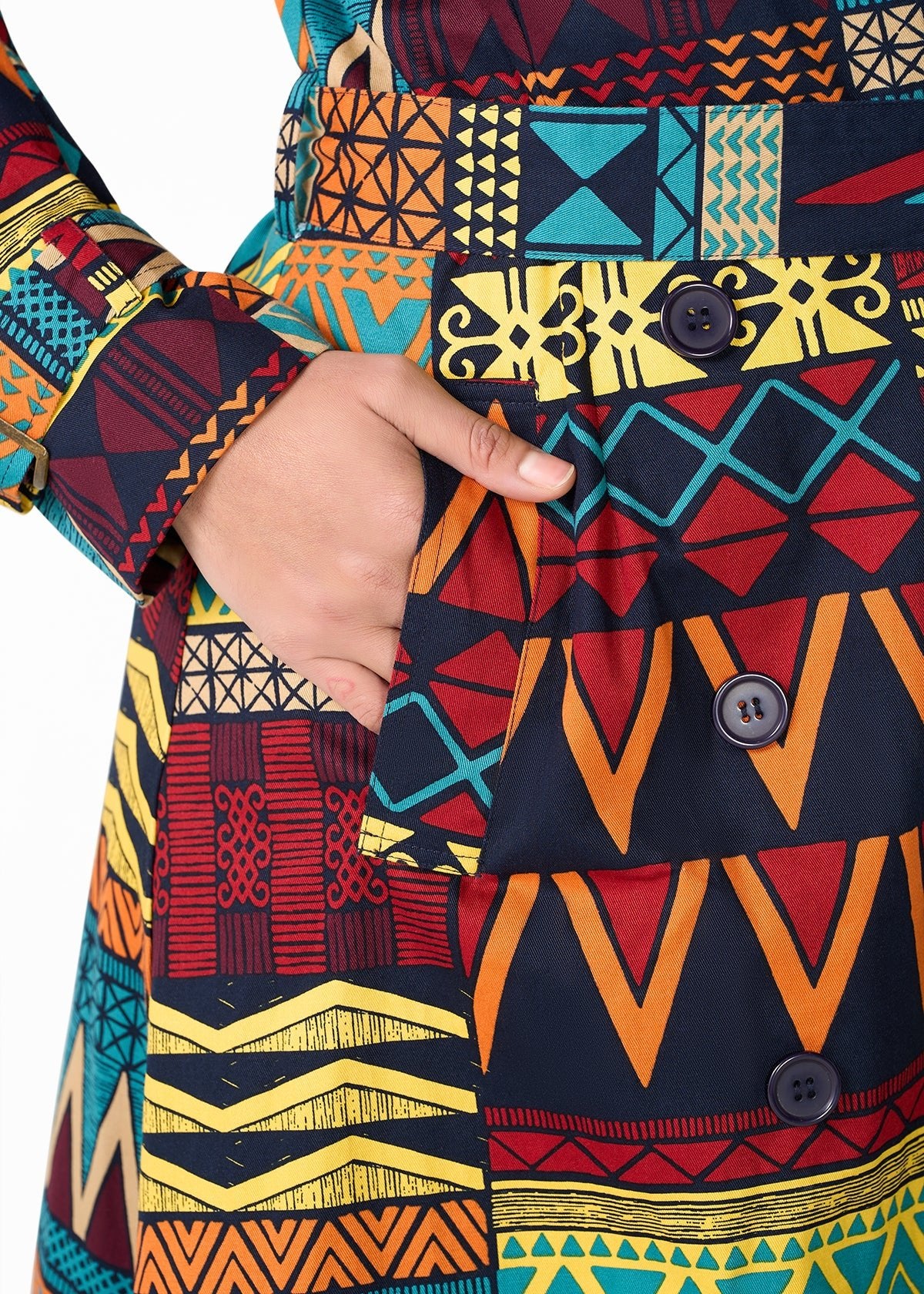Ebony Women's African Print Utility Trench Coat (Navy Multicolor Kente) - Image 5