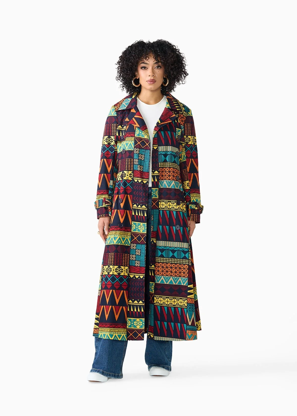 Ebony Women's African Print Utility Trench Coat (Navy Multicolor Kente) - Image 6