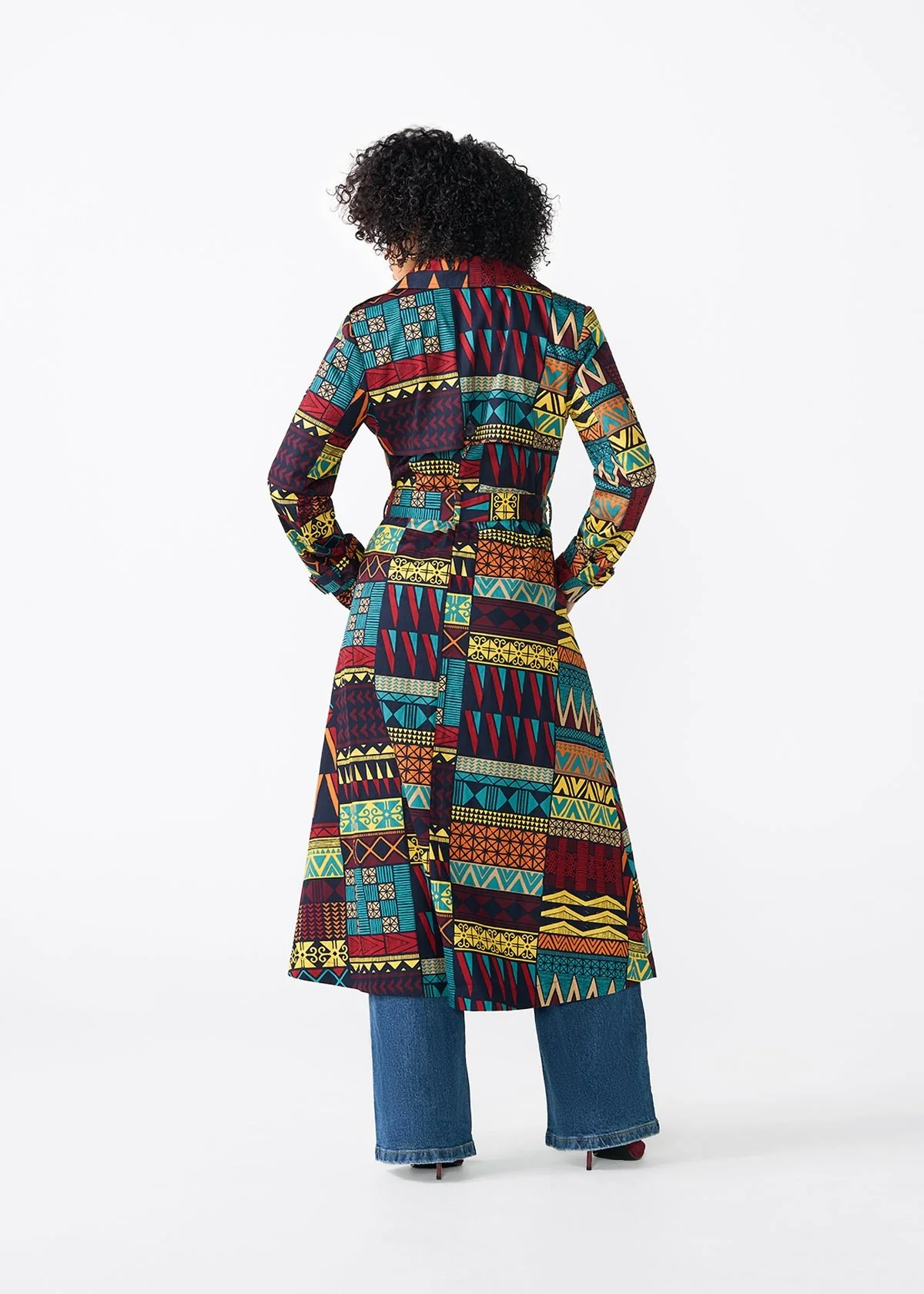 Ebony Women's African Print Utility Trench Coat (Navy Multicolor Kente) - Image 7
