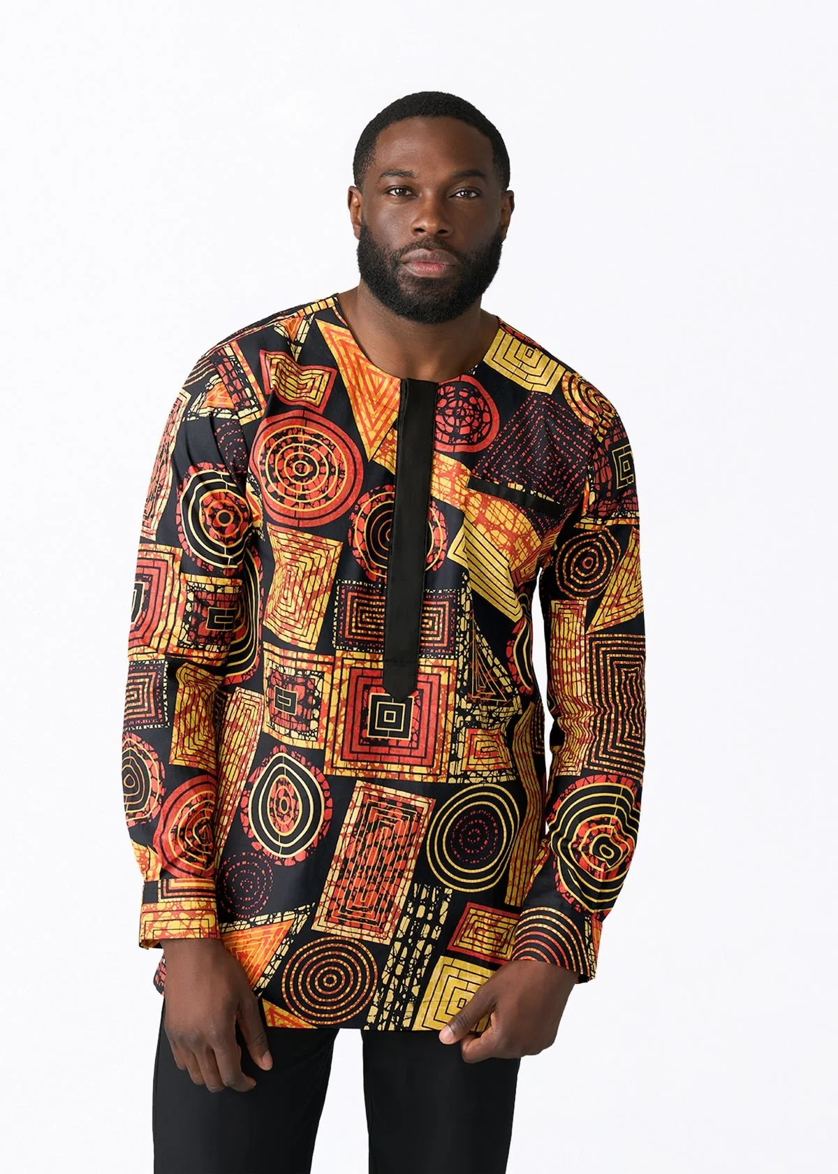 Ejiro Men's African Print Traditional Top (Black Cinnamon Geometric)