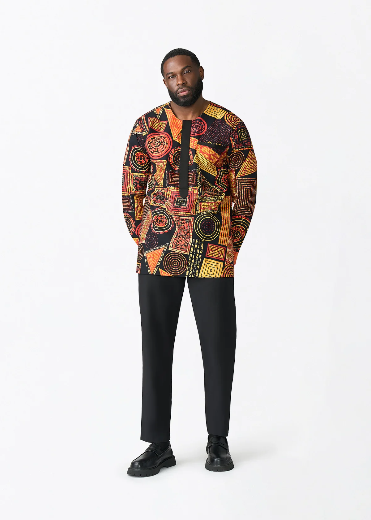 Ejiro Men's African Print Traditional Top (Black Cinnamon Geometric) - Image 2