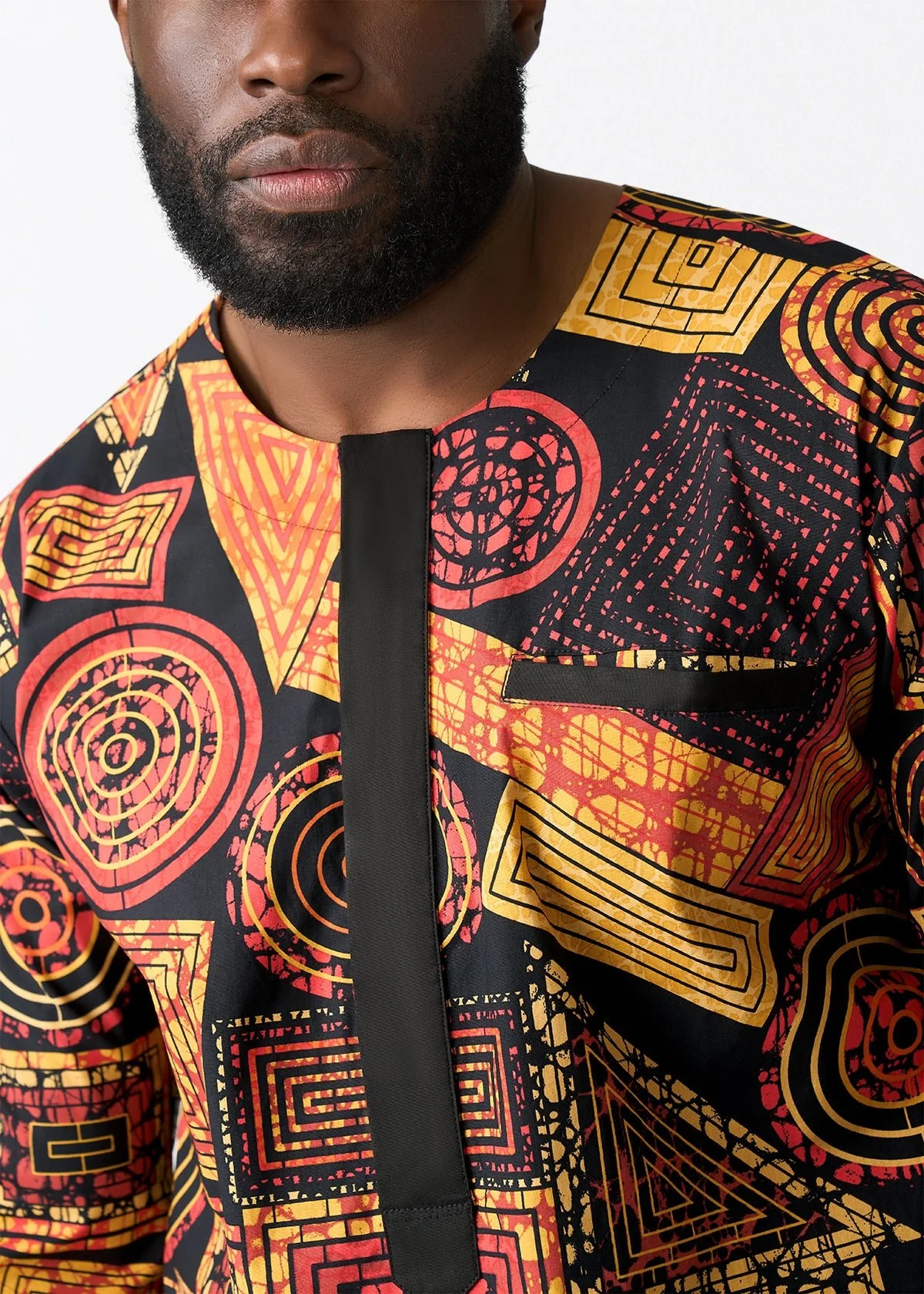 Ejiro Men's African Print Traditional Top (Black Cinnamon Geometric) - Image 3