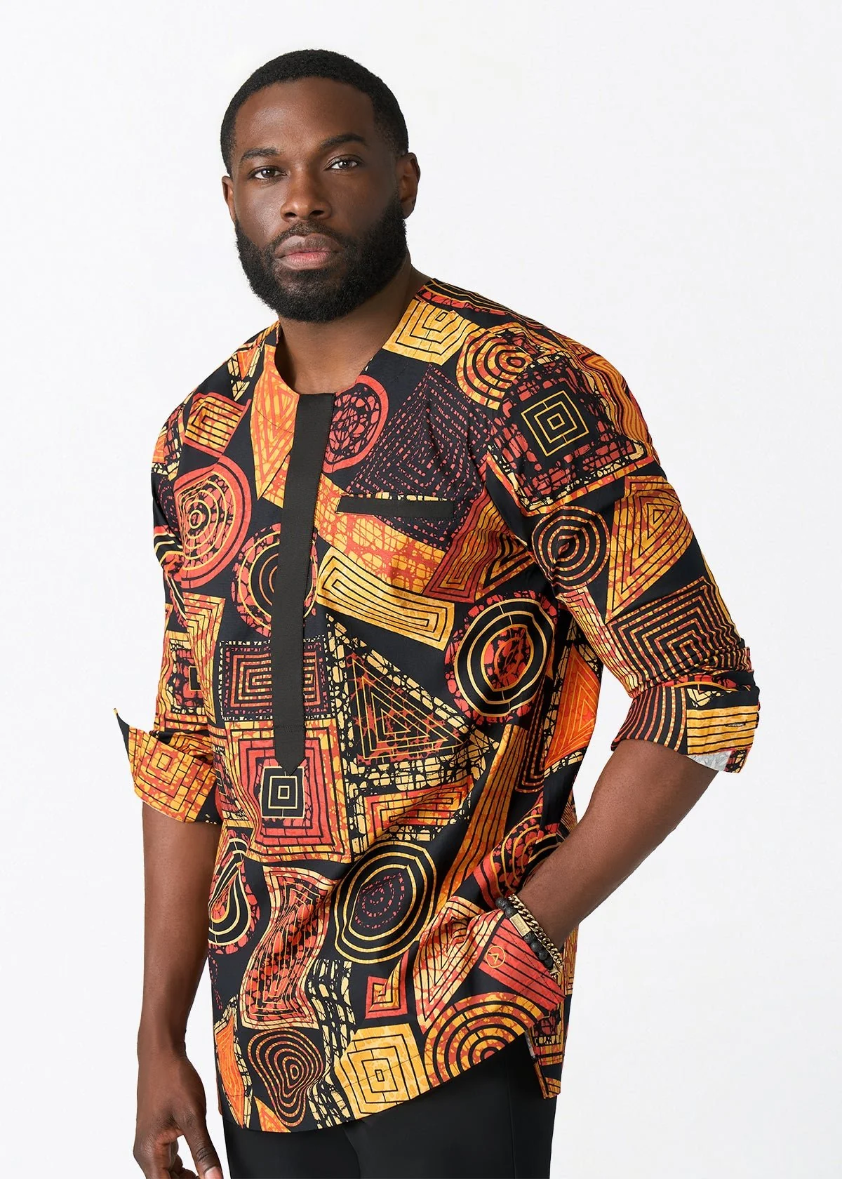 Ejiro Men's African Print Traditional Top (Black Cinnamon Geometric) - Image 4