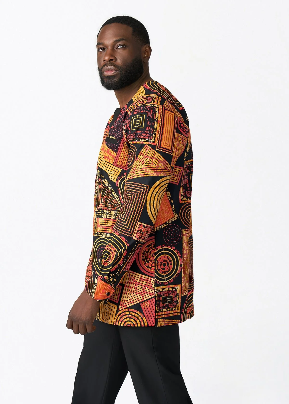 Ejiro Men's African Print Traditional Top (Black Cinnamon Geometric) - Image 5