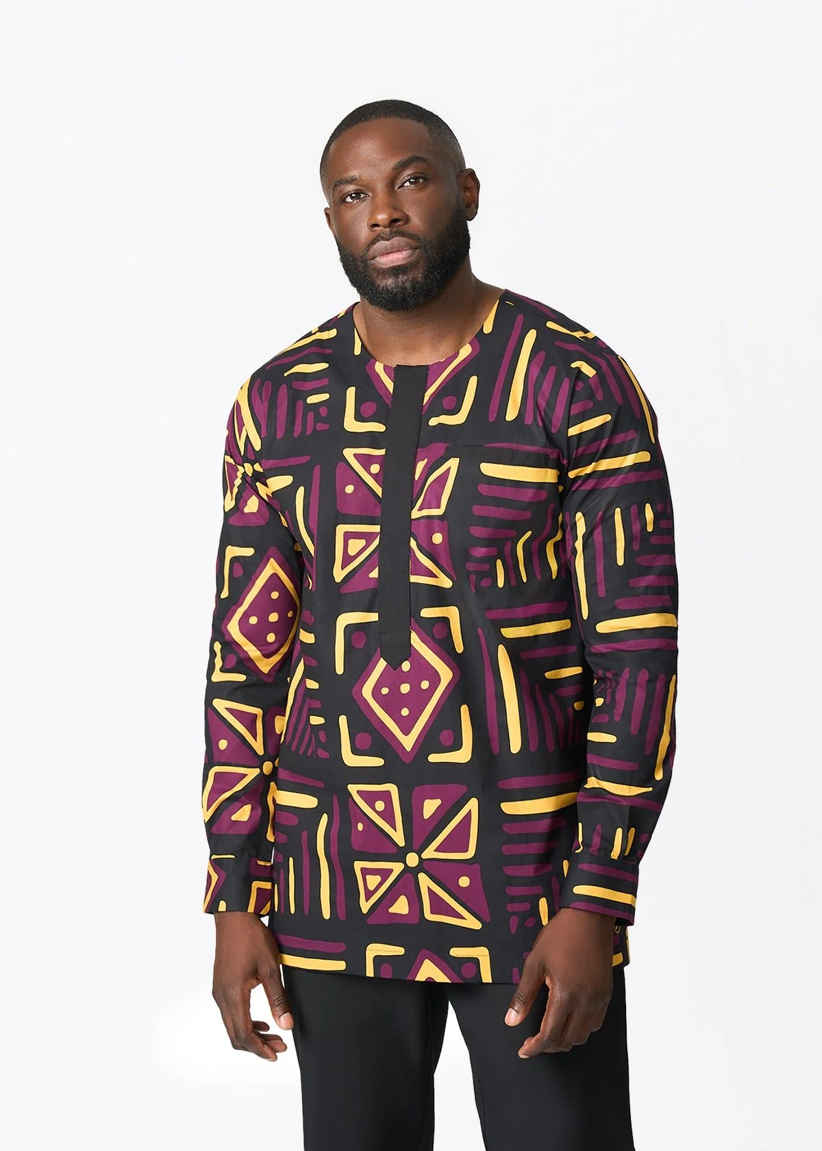 Ejiro Men's African Print Traditional Top (Plum Black Tribal)