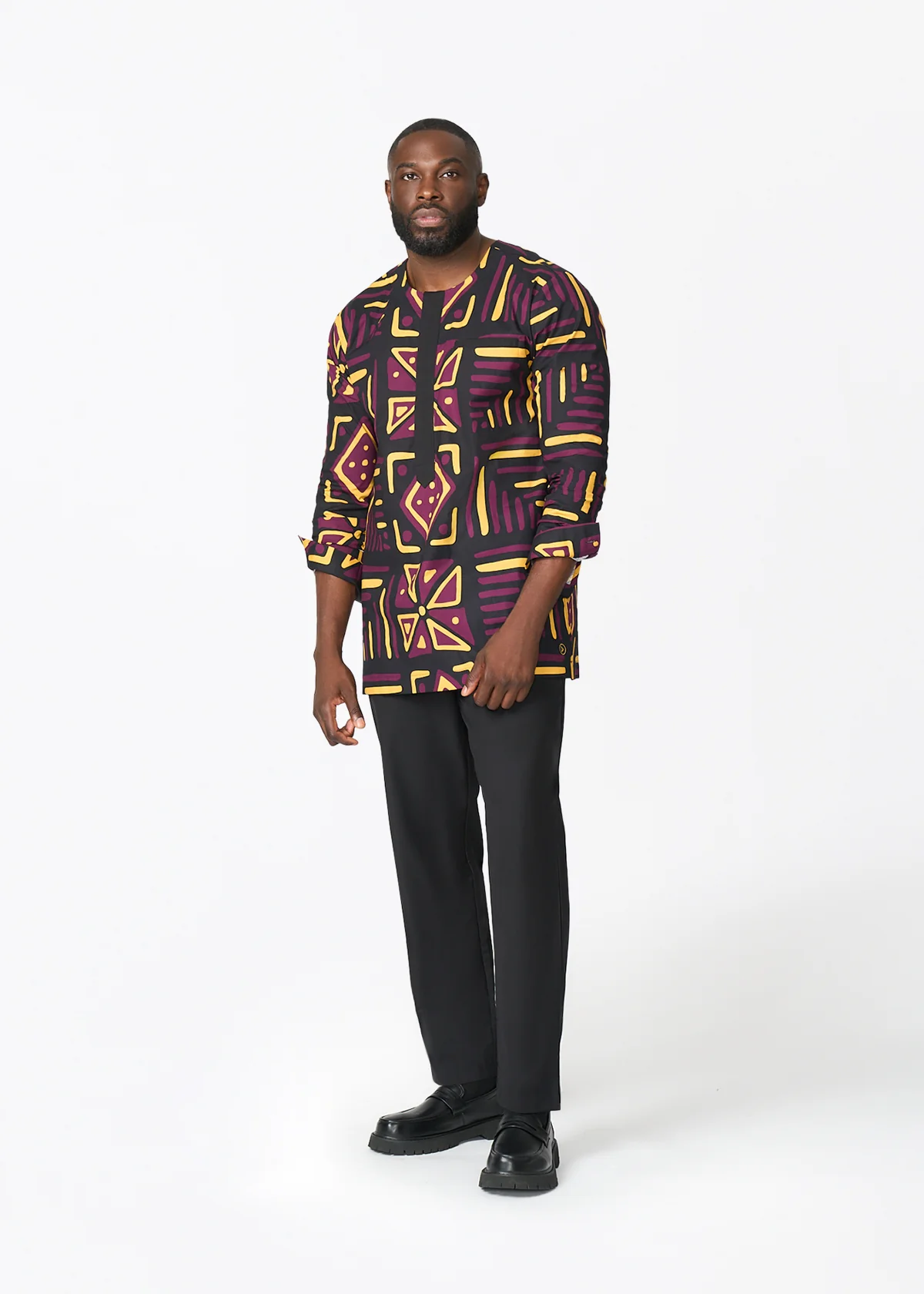 Ejiro Men's African Print Traditional Top (Plum Black Tribal) - Image 2