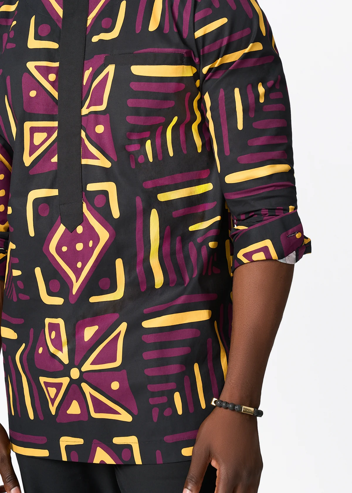 Ejiro Men's African Print Traditional Top (Plum Black Tribal) - Image 3