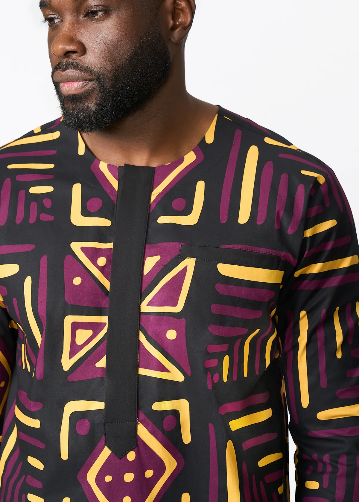 Ejiro Men's African Print Traditional Top (Plum Black Tribal) - Image 4