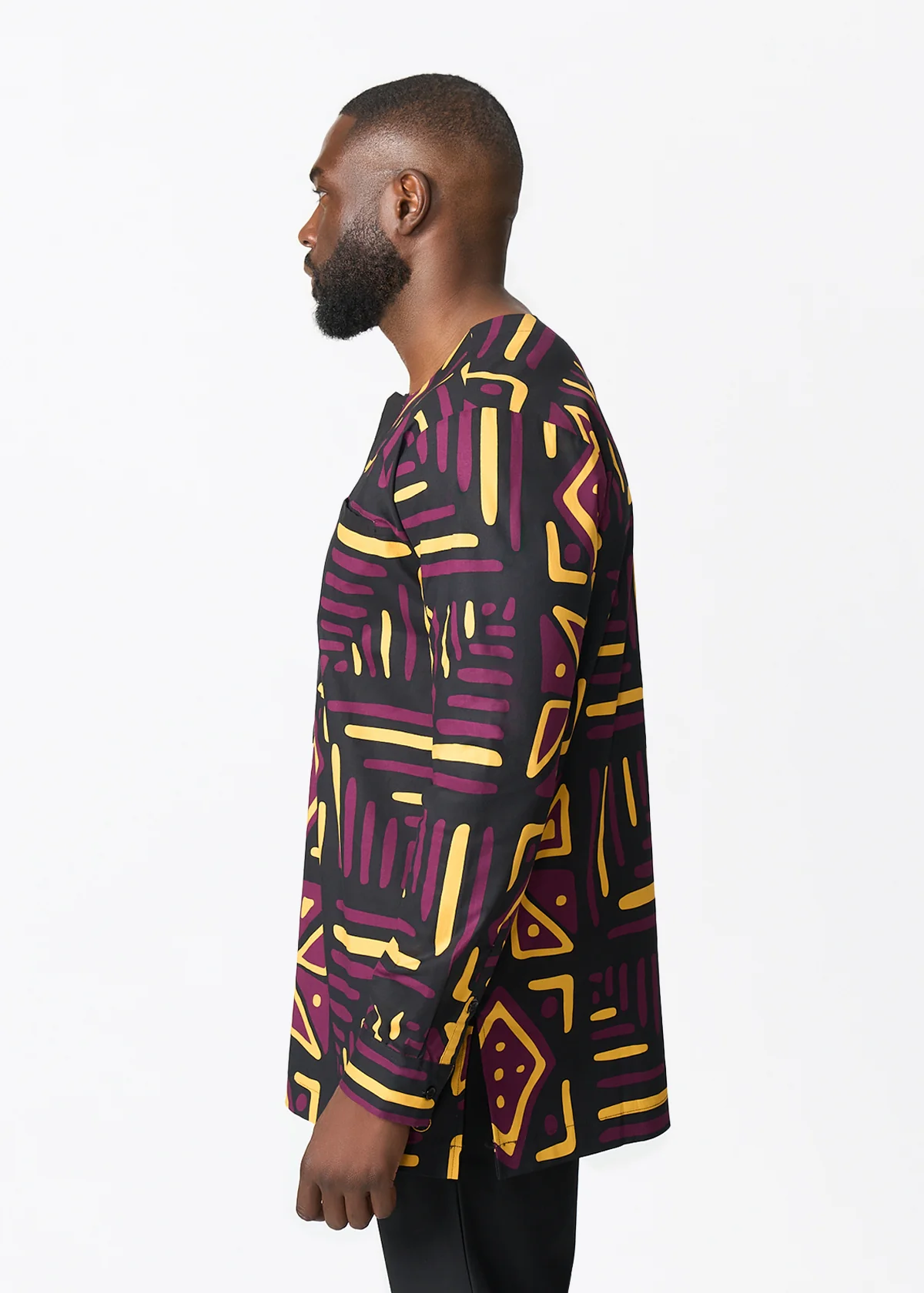 Ejiro Men's African Print Traditional Top (Plum Black Tribal) - Image 5