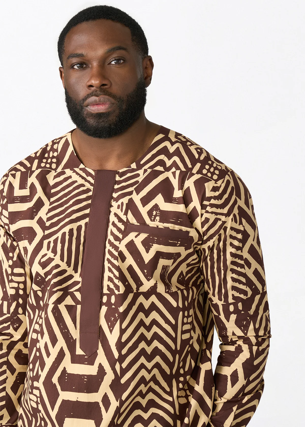 Ejiro Men's African Print Traditional Top (Chocolate Mousse Tribal)