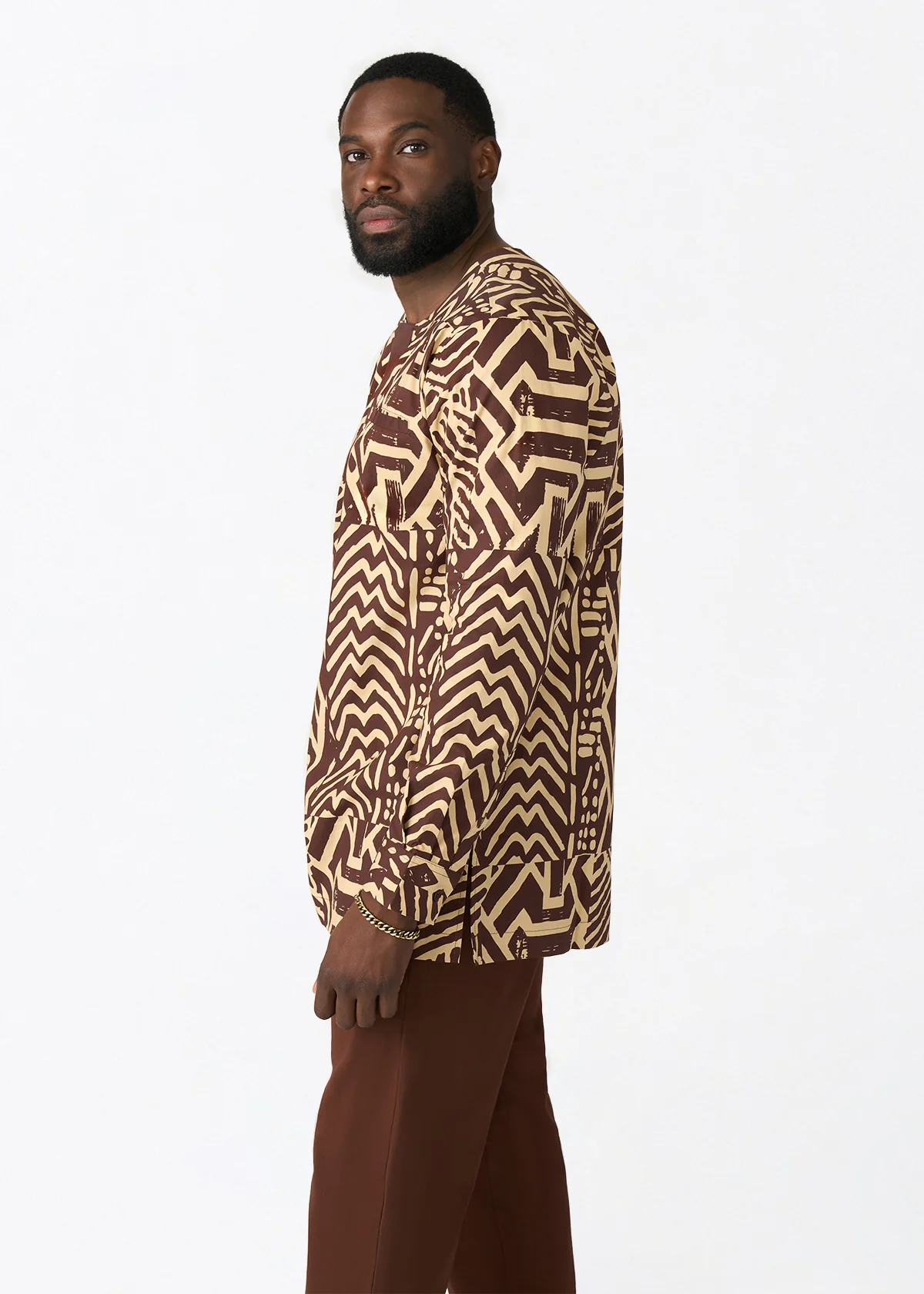 Ejiro Men's African Print Traditional Top (Chocolate Mousse Tribal) - Image 3