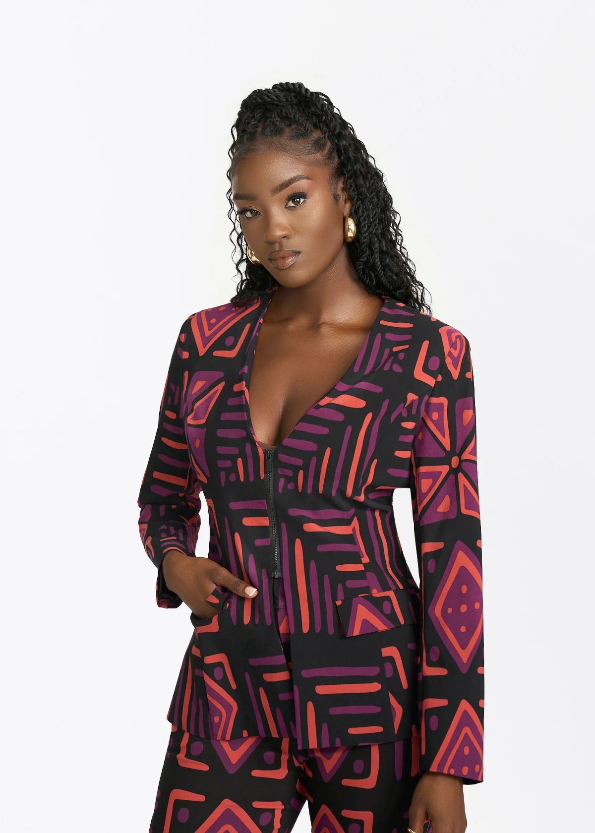 Fafa Womens African Print Stretch Blazer (Black Peach Tribal)