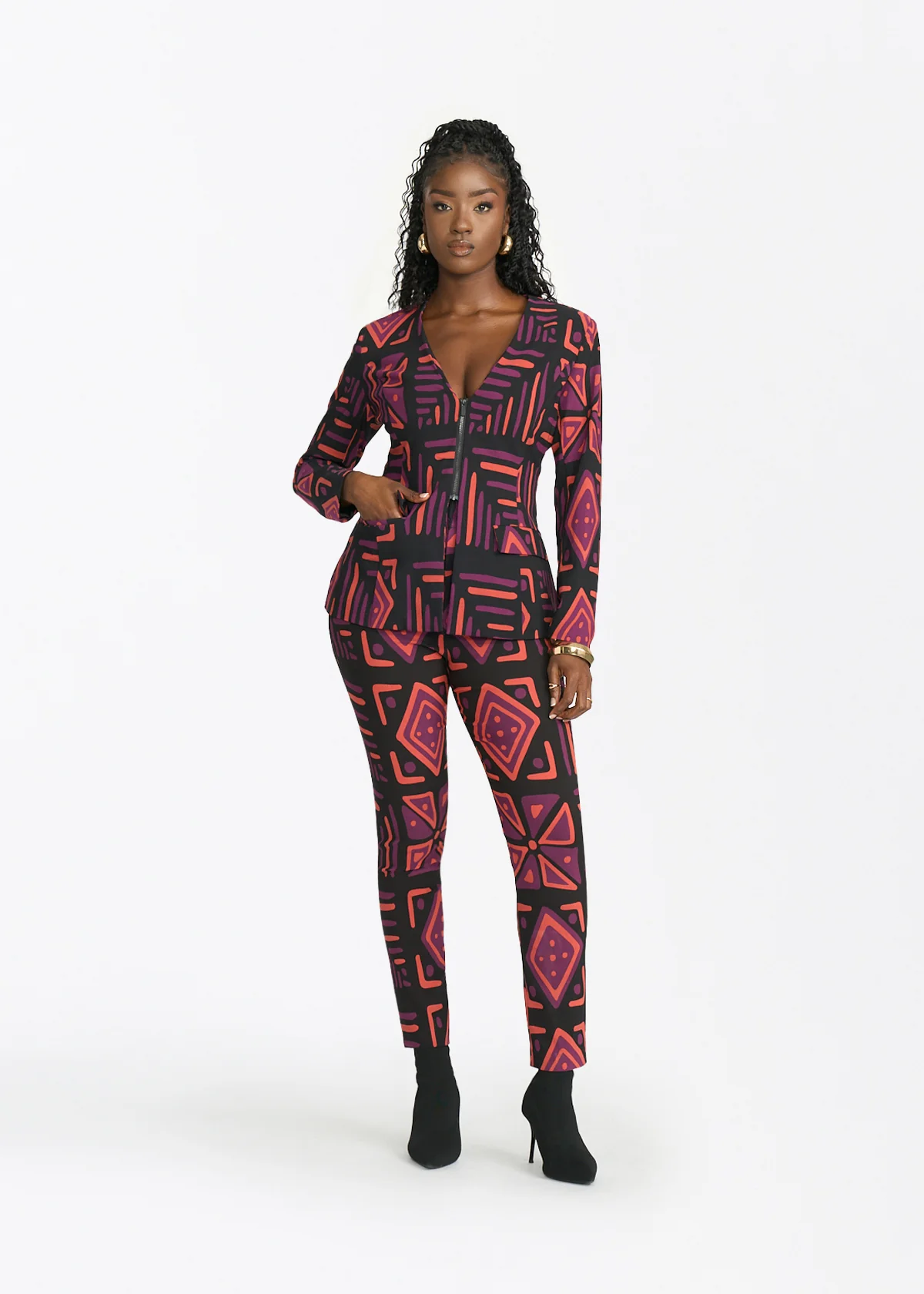 Fafa Womens African Print Stretch Blazer (Black Peach Tribal) - Image 2