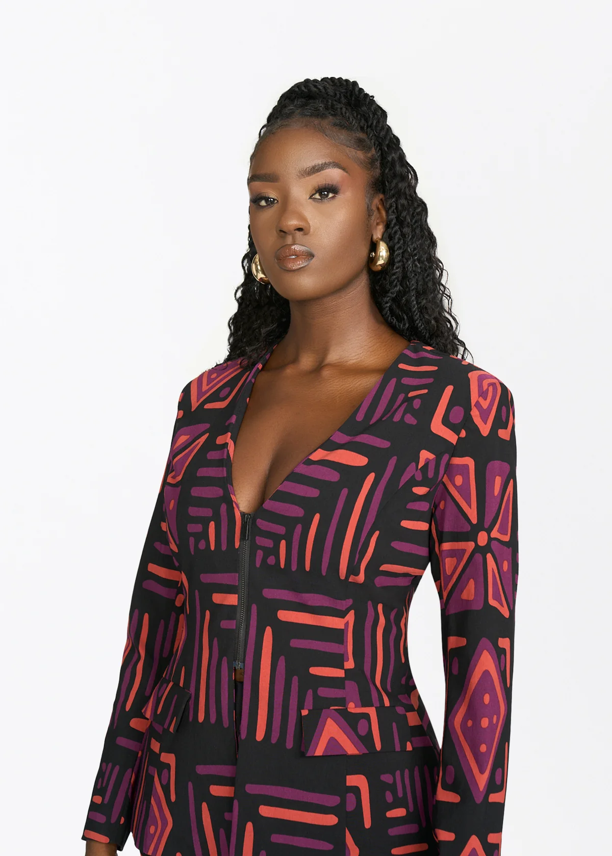 Fafa Womens African Print Stretch Blazer (Black Peach Tribal) - Image 3