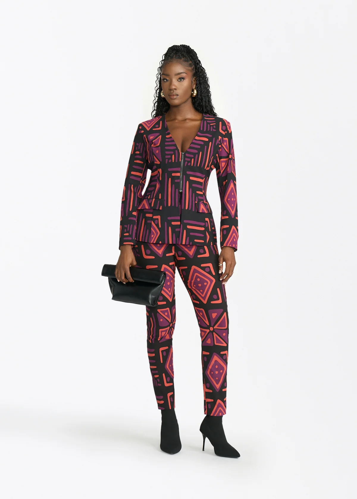 Fafa Womens African Print Stretch Blazer (Black Peach Tribal) - Image 6