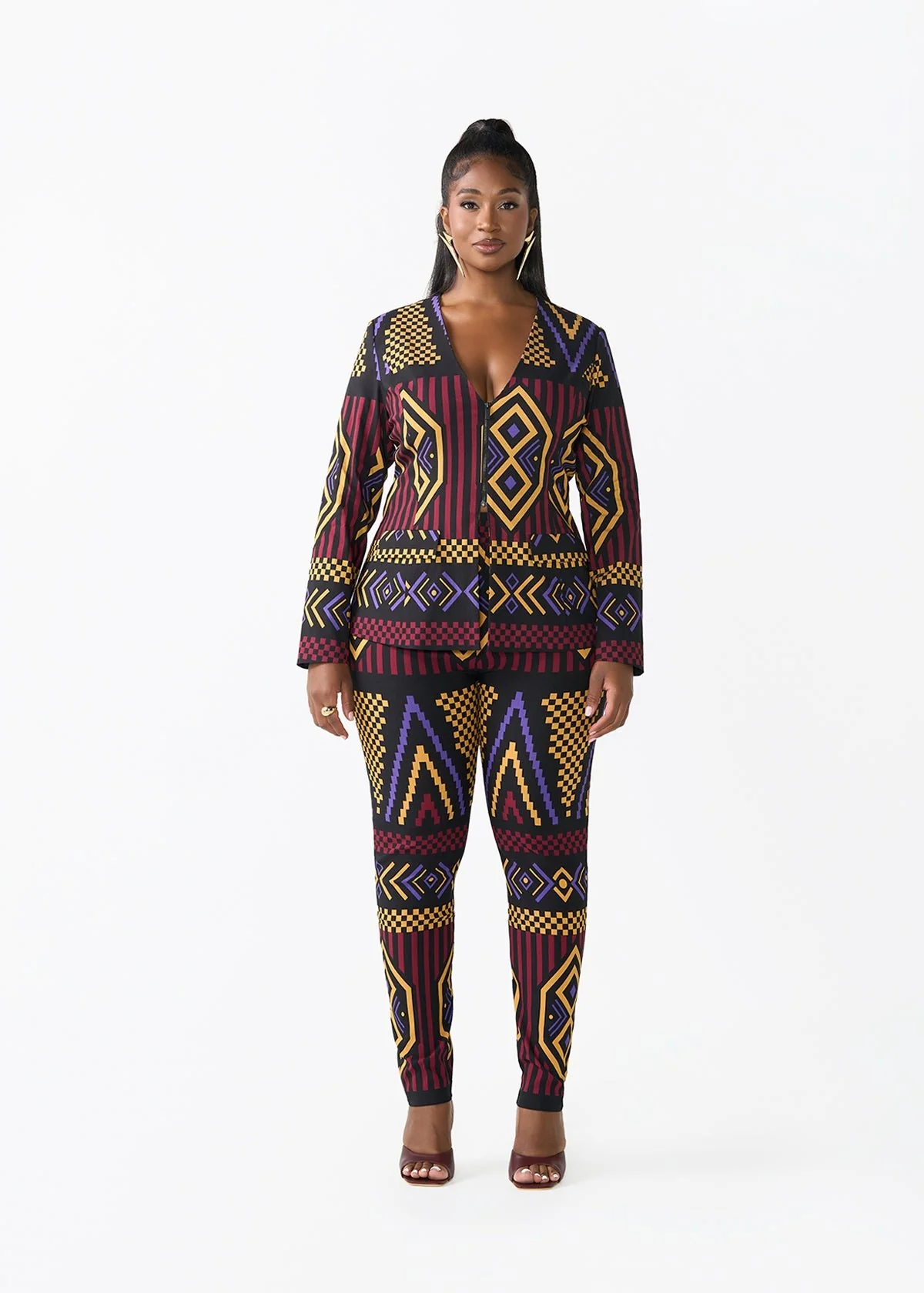 Fafa Women's African Print Stretch Zip-Up Blazer (Black Burgundy Tribal) - Clearance - Image 2