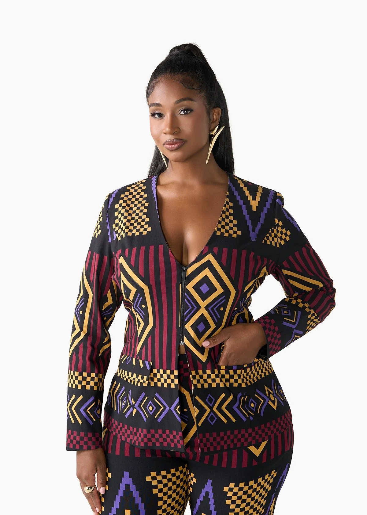 Fafa Women's African Print Stretch Zip-Up Blazer (Black Burgundy Tribal) - Clearance - Image 3