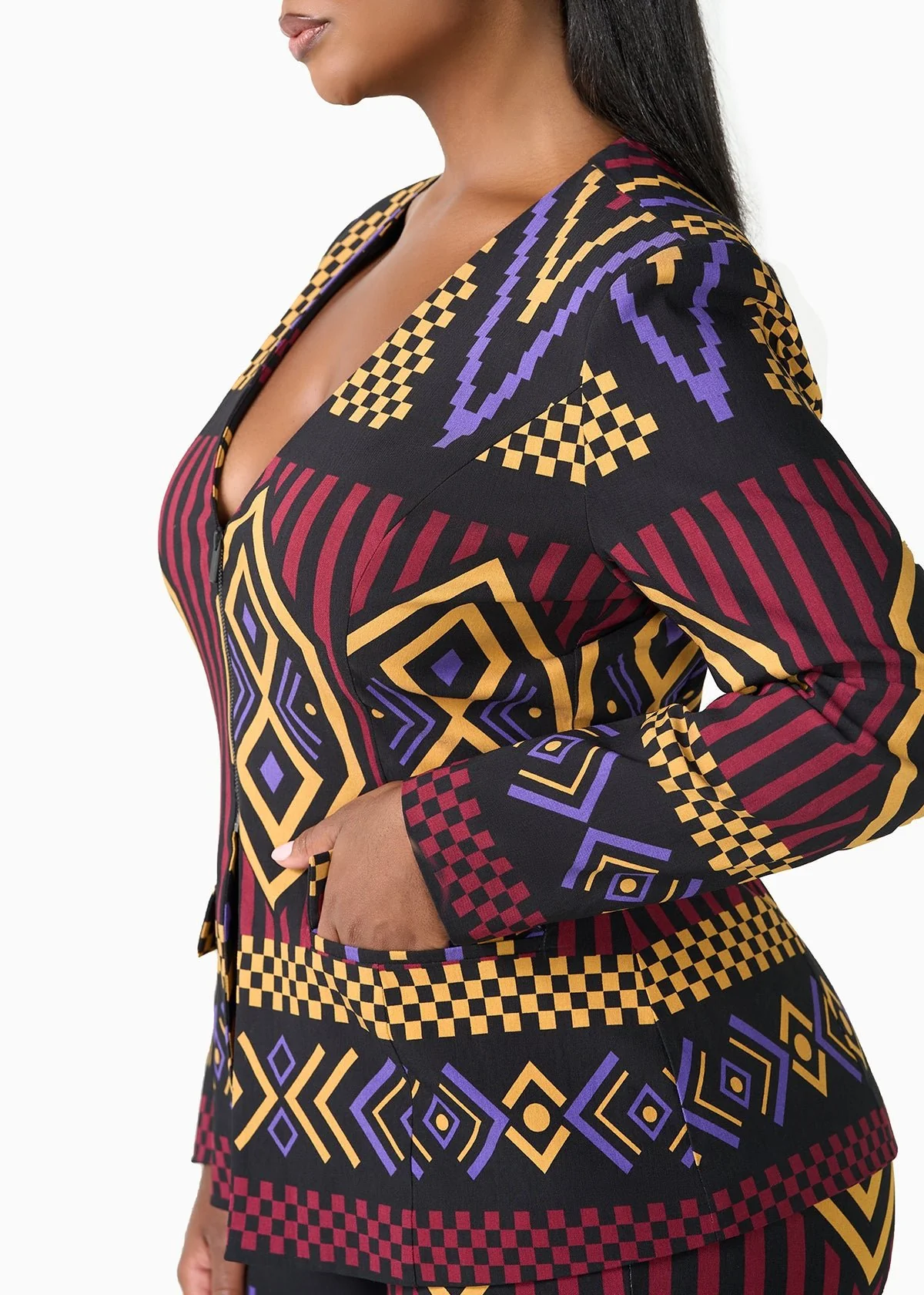 Fafa Women's African Print Stretch Zip-Up Blazer (Black Burgundy Tribal) - Clearance - Image 4