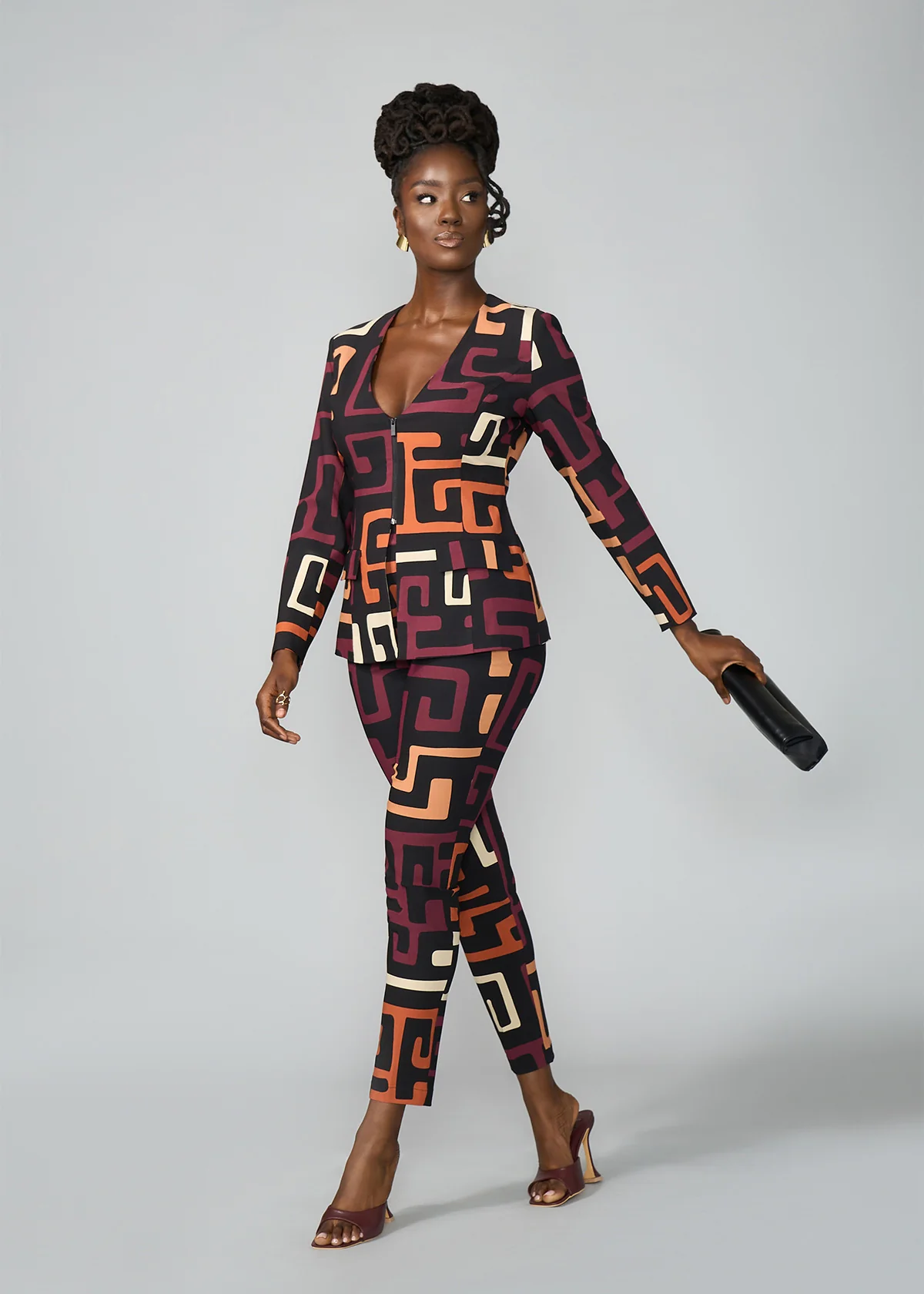 Fafa Women's African Print Stretch Zip-Up Blazer (Neutral Kuba Geometric) - Image 3
