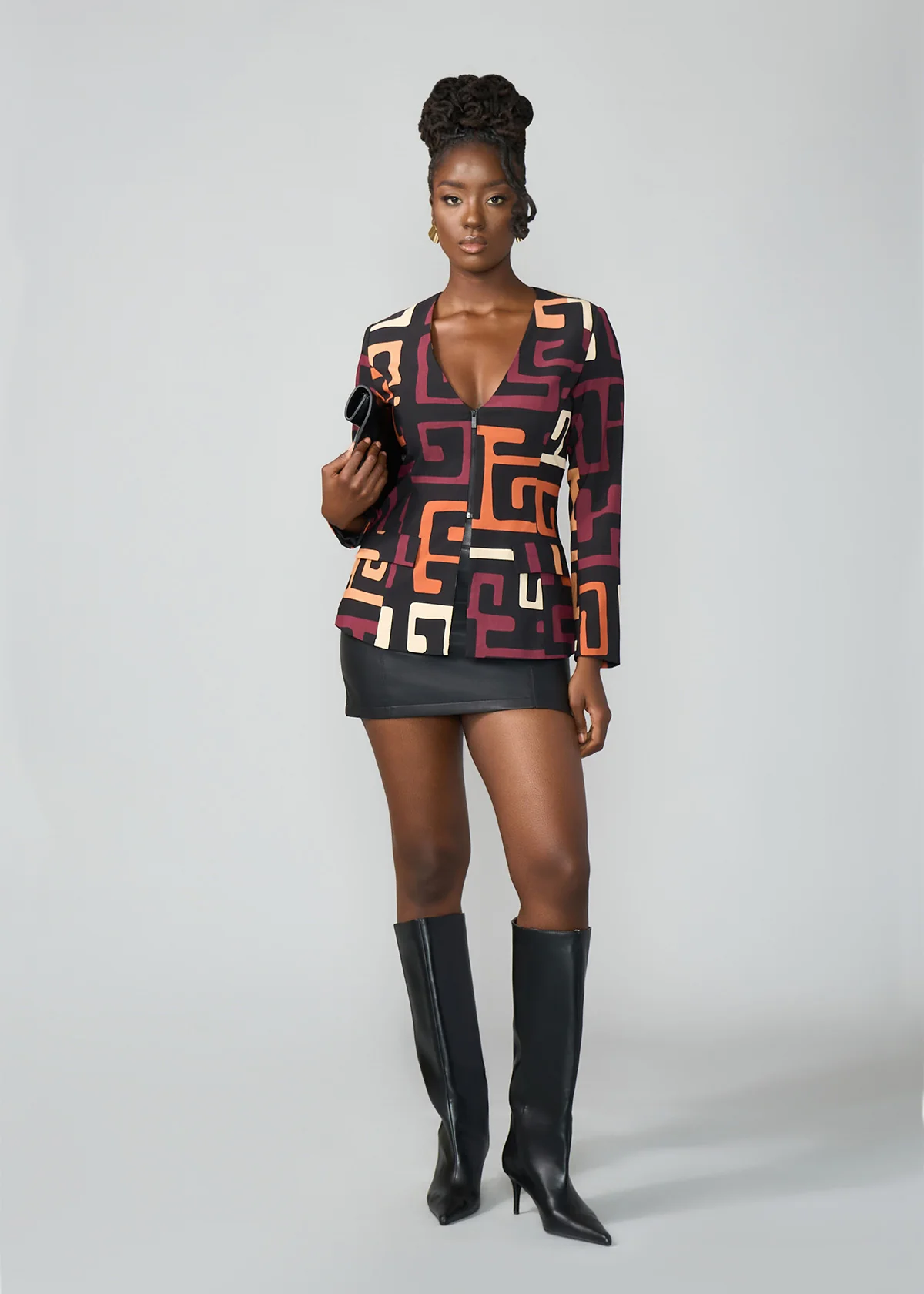 Fafa Women's African Print Stretch Zip-Up Blazer (Neutral Kuba Geometric) - Image 5