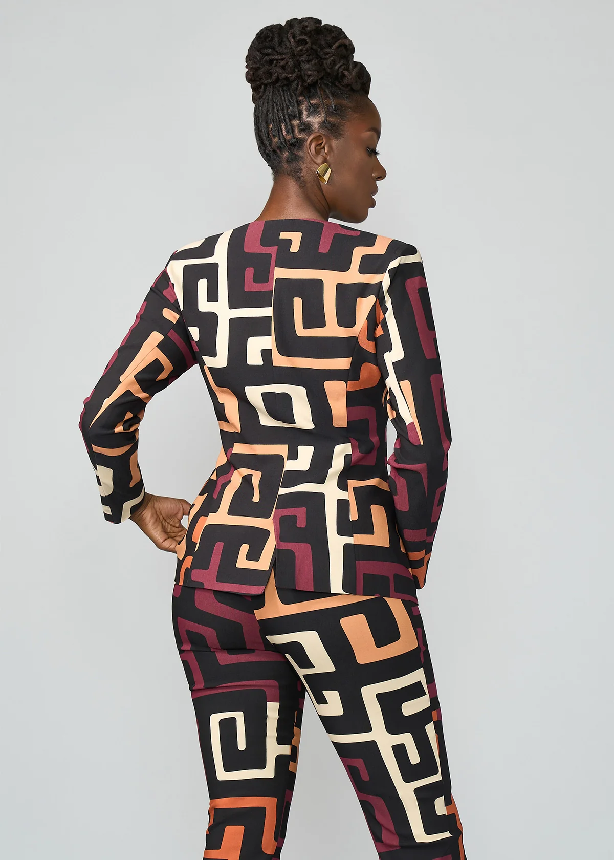 Fafa Women's African Print Stretch Zip-Up Blazer (Neutral Kuba Geometric) - Image 6