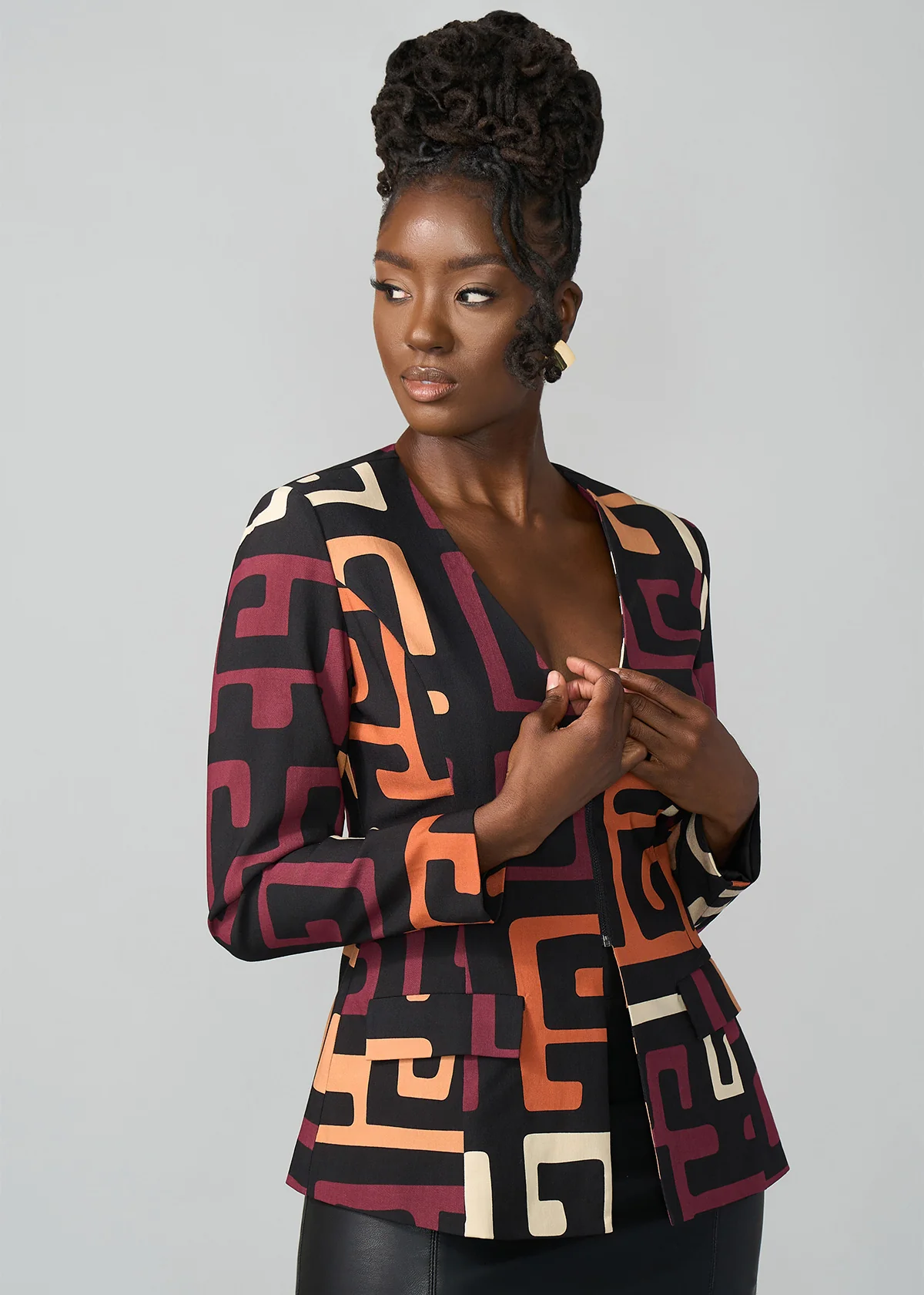 Fafa Women's African Print Stretch Zip-Up Blazer (Neutral Kuba Geometric) - Image 7