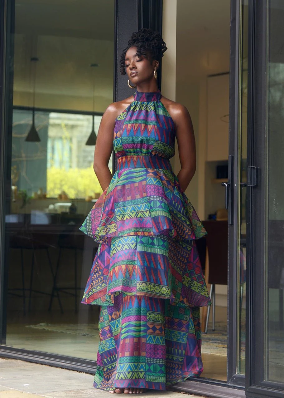 Fatimata Women's African Print Organza Maxi Dress (Navy Green Kente)
