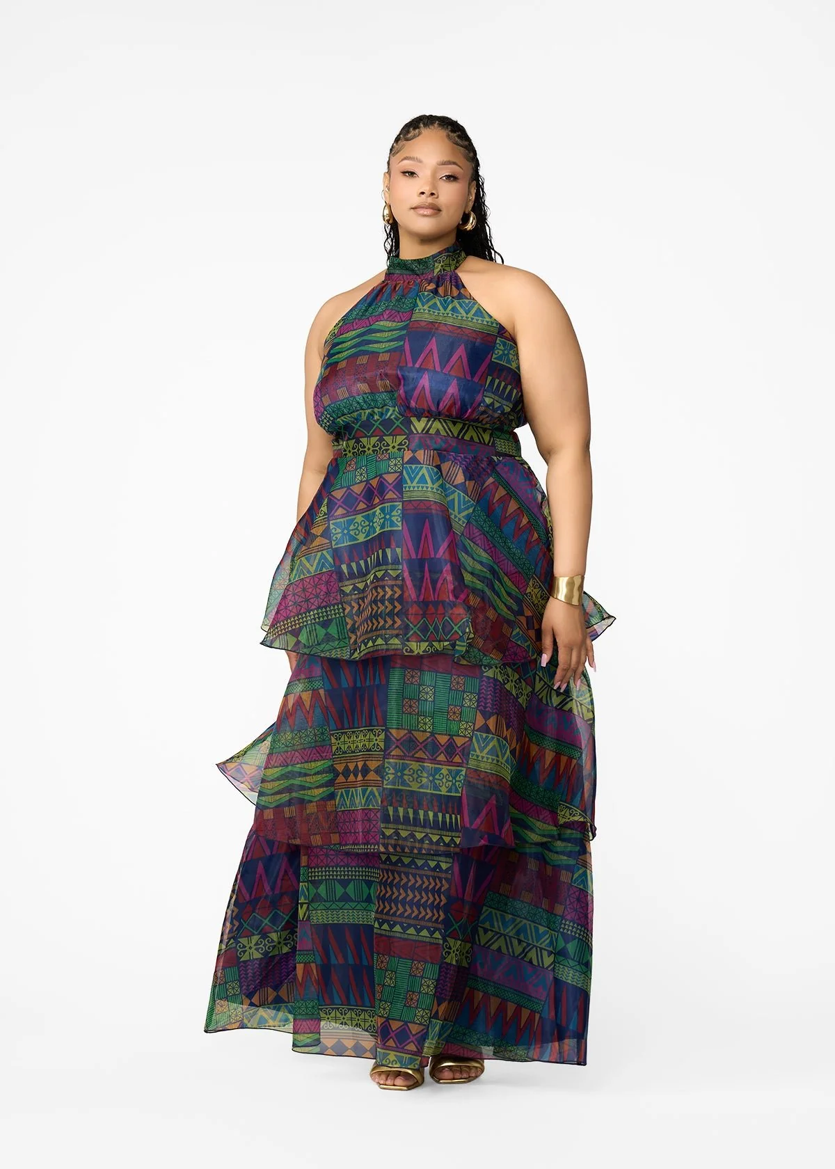 Fatimata Women's African Print Organza Maxi Dress (Navy Green Kente) - Image 2