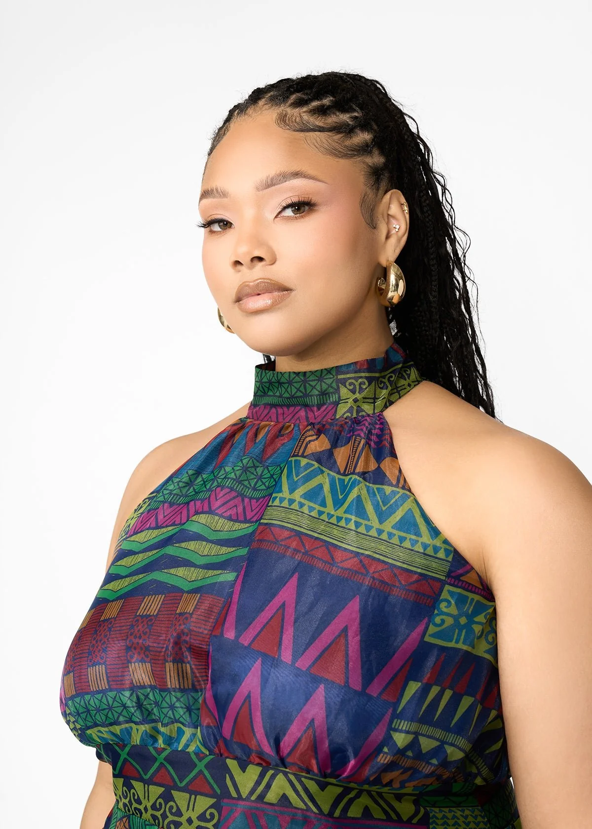 Fatimata Women's African Print Organza Maxi Dress (Navy Green Kente) - Image 3