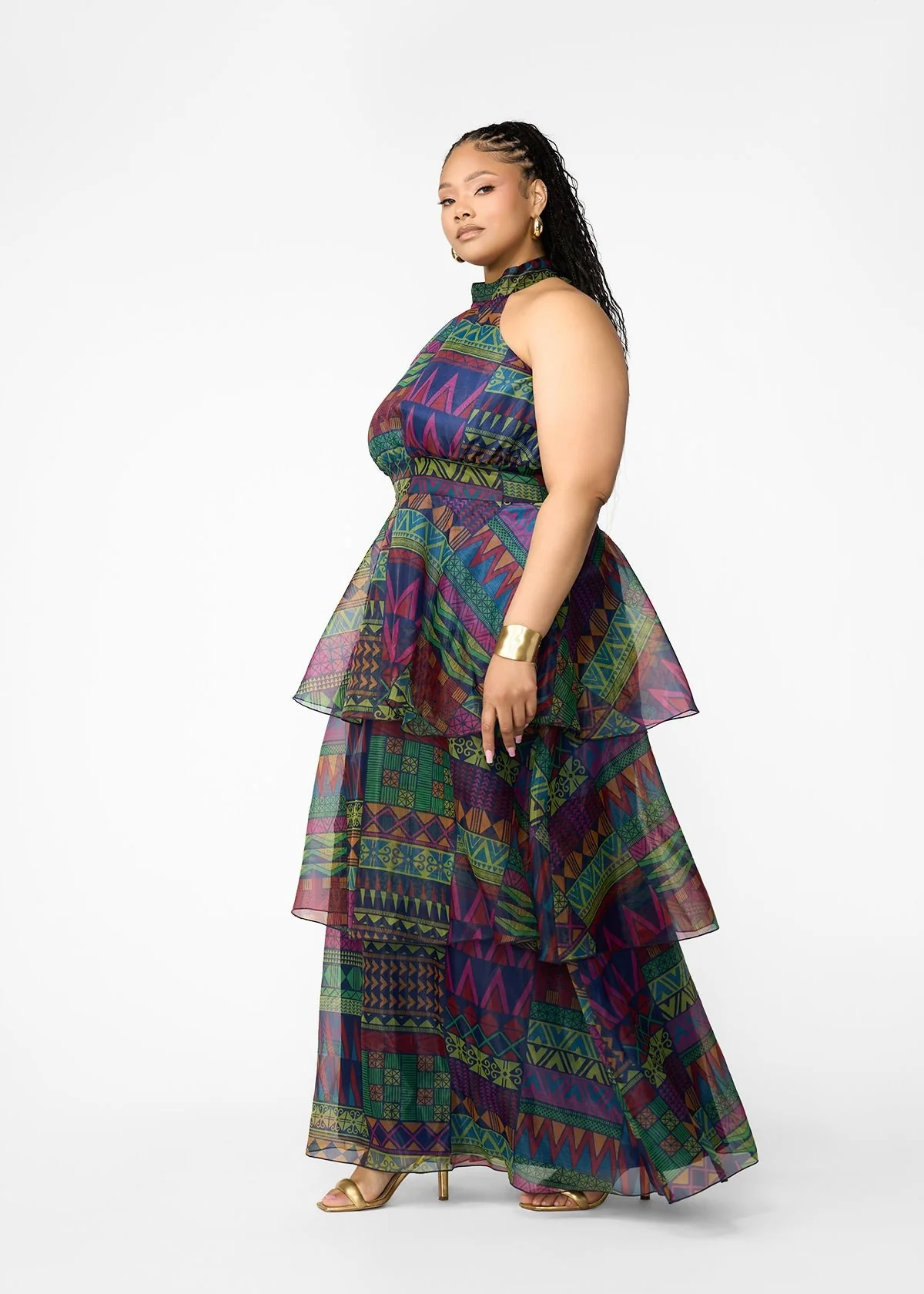 Fatimata Women's African Print Organza Maxi Dress (Navy Green Kente) - Image 4