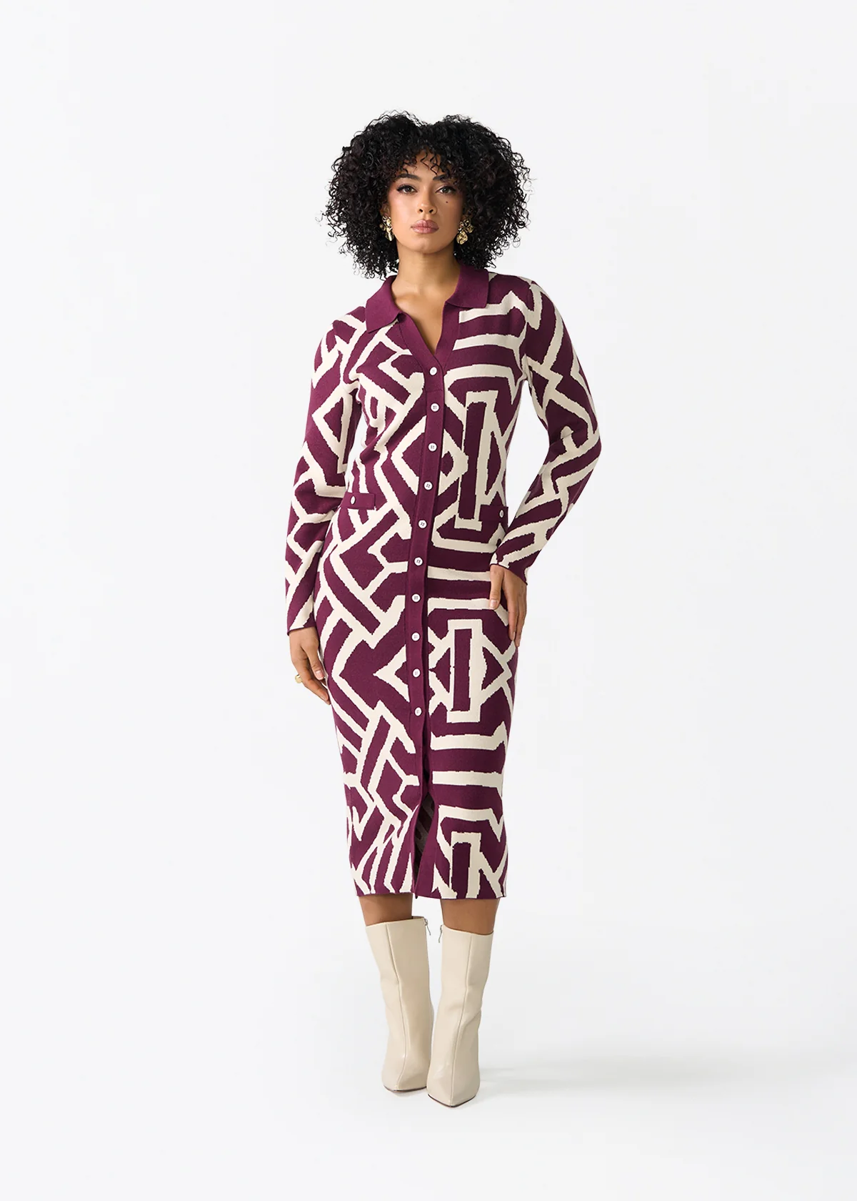 Fawzia Women's African Print Button-Up Sweater Dress (Cream Berry Tribal)