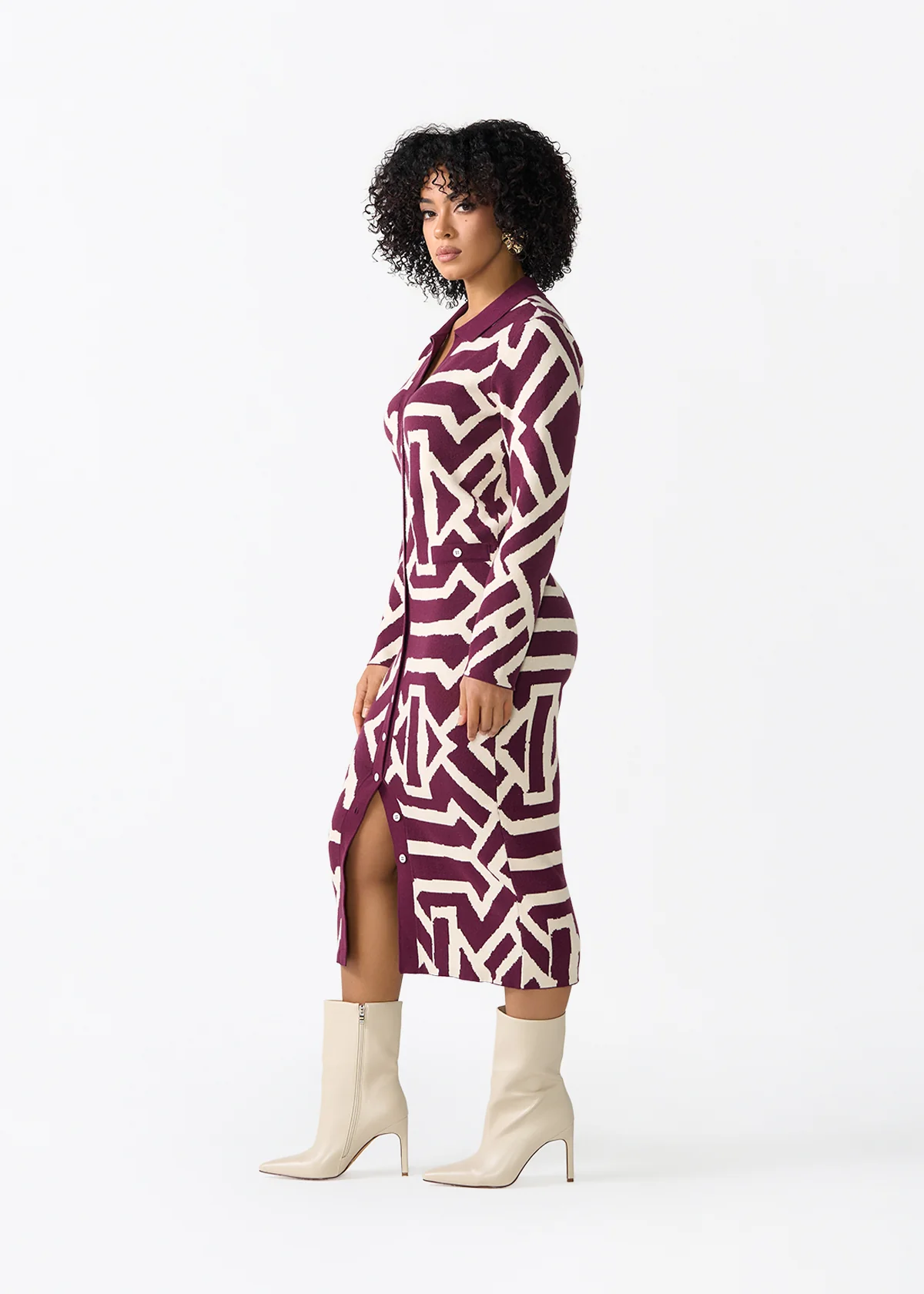Fawzia Women's African Print Button-Up Sweater Dress (Cream Berry Tribal) - Image 2
