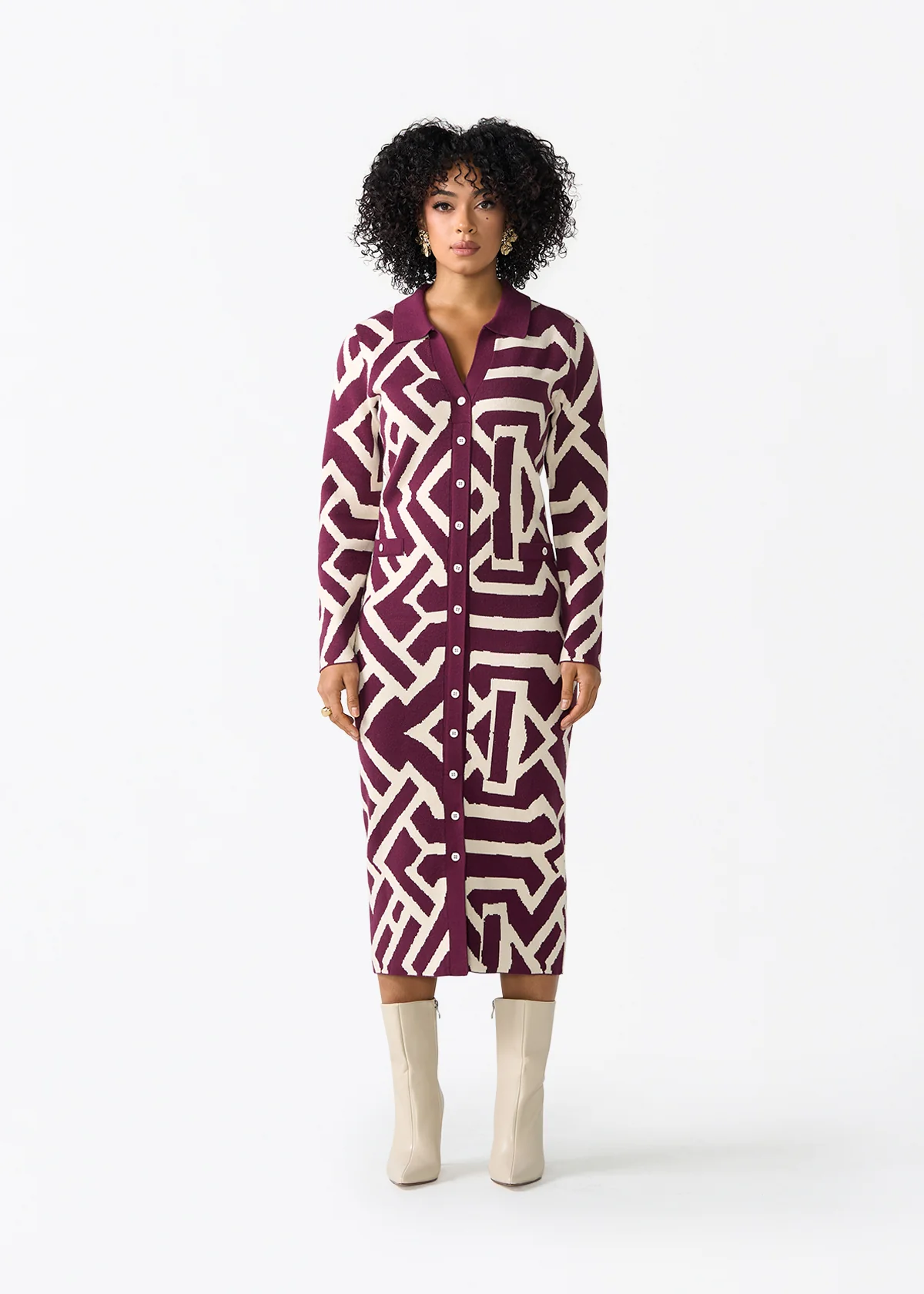 Fawzia Women's African Print Button-Up Sweater Dress (Cream Berry Tribal) - Image 3